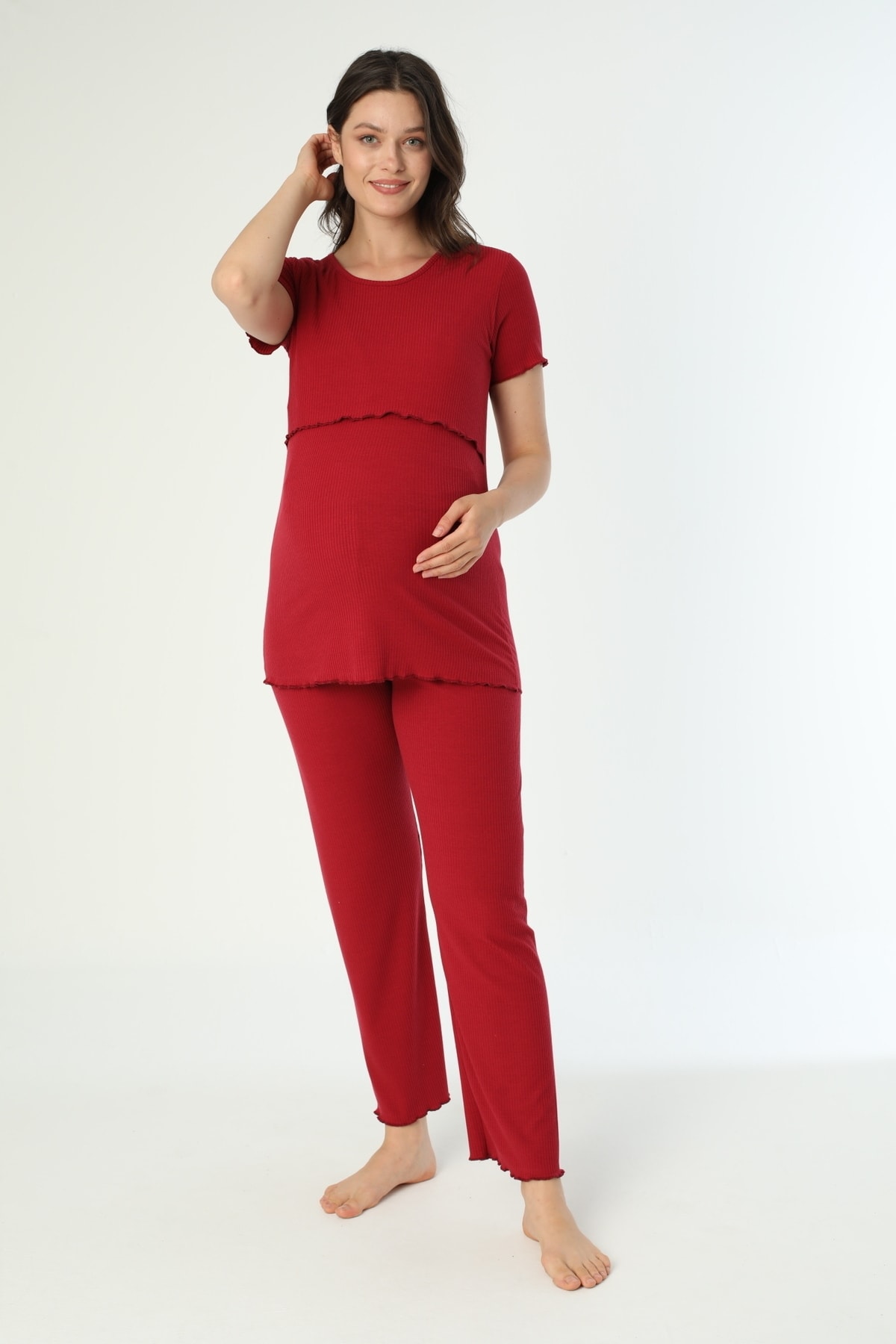 Miss Dünya Lissa Bordo Pamuk Fitilli Örme Kumaş Hamile ve Lohusa Pijama Takımı fotoğrafı 2 (önizleme)