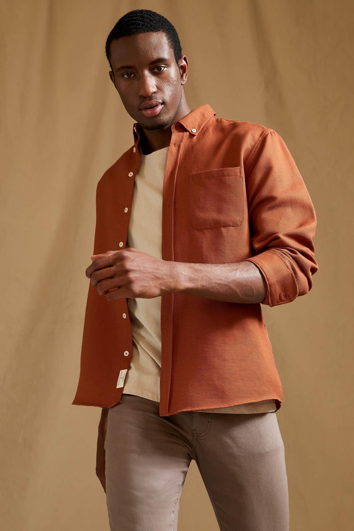 پیراهن مردانه قهوه ای دفکتو | T2066AZ22SP اورجینال - تصویر 3