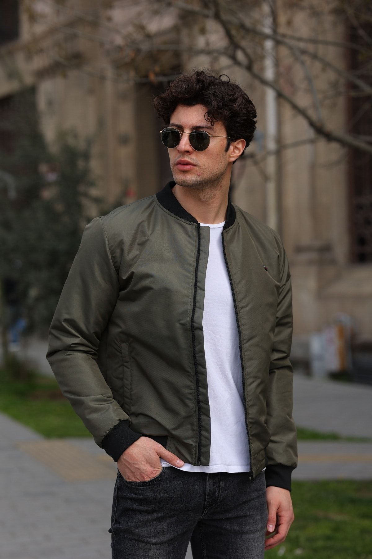 Khaki bomber discount jacket men