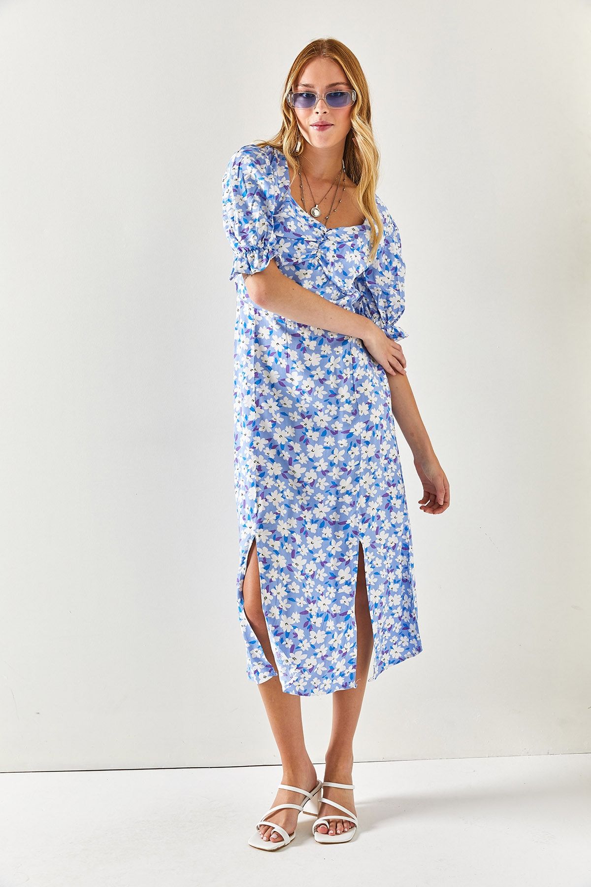 Olalook-Women's Blue White Heart Collar Double Slit Woven Viscose Dress ELB-19001936 7