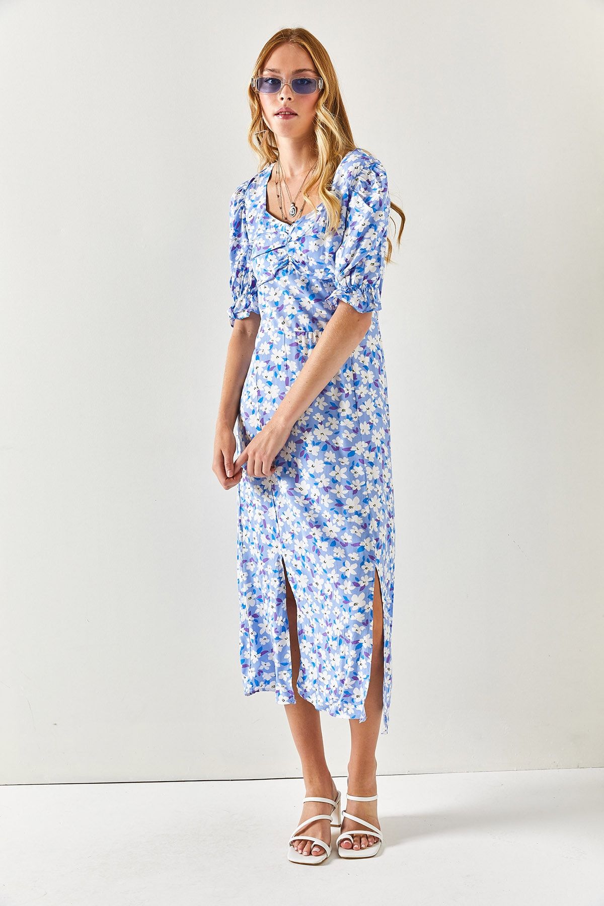 Olalook-Women's Blue White Heart Collar Double Slit Woven Viscose Dress ELB-19001936 8