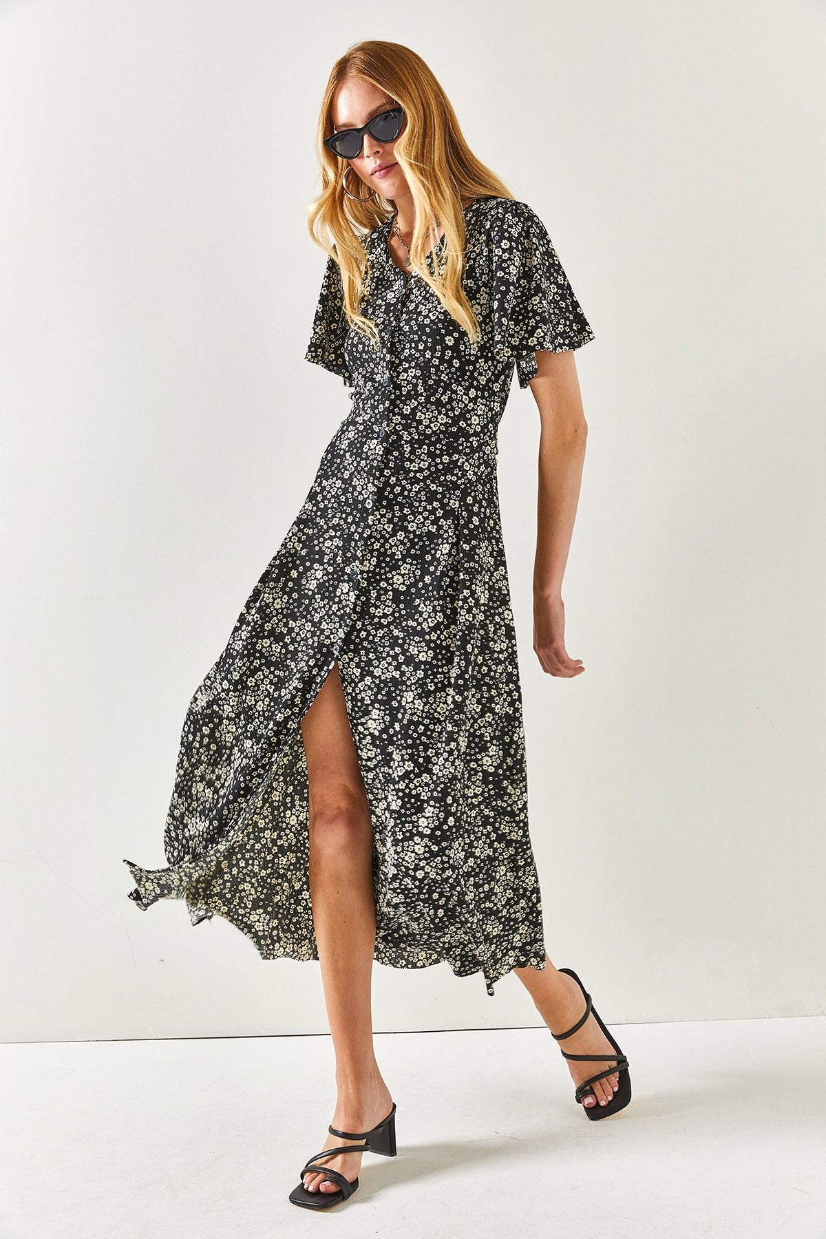 Olalook Women s Black V neck Belted Midi Woven Viscose Dress ELB