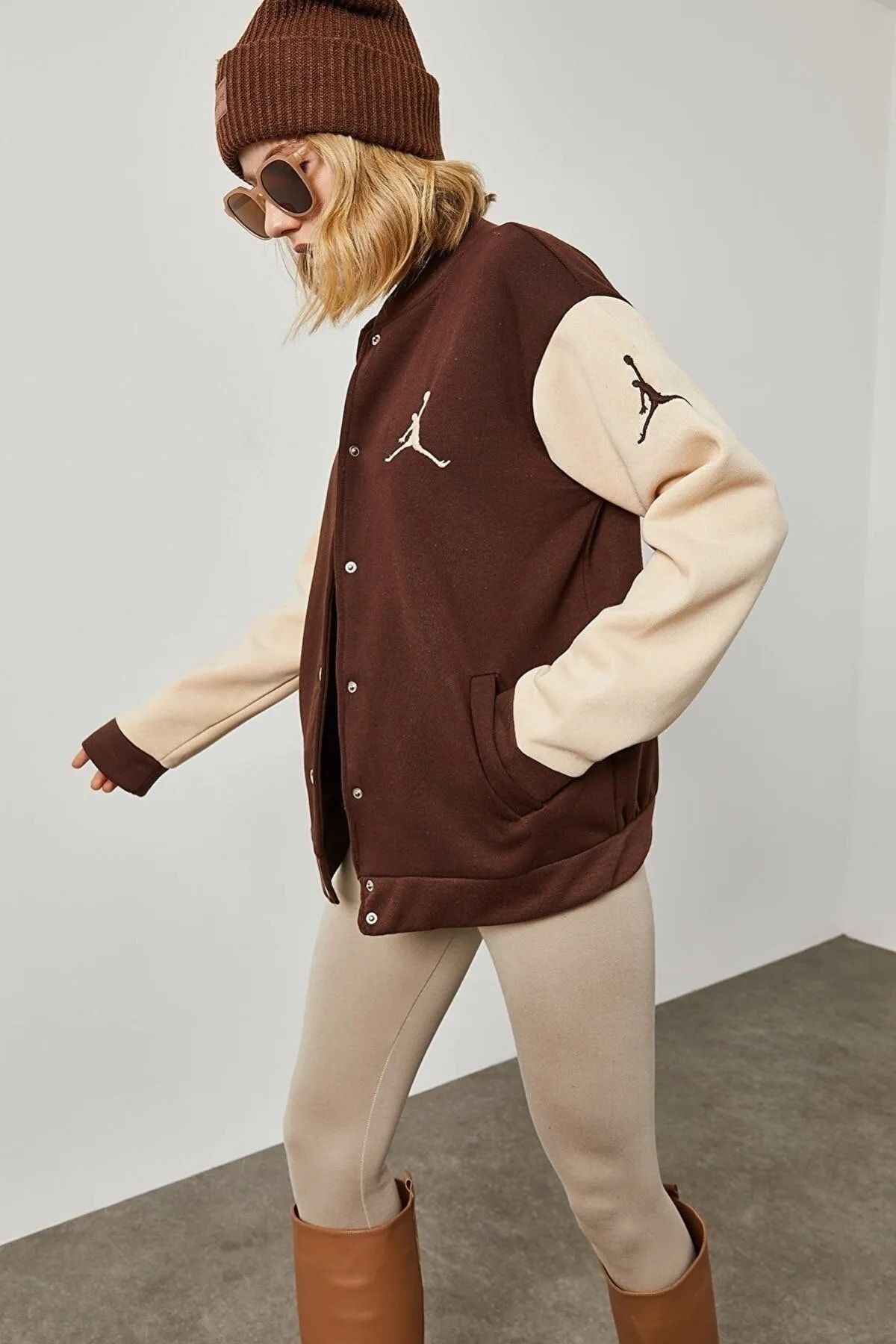 Machetta Plus Size Air Printed Brown Oversize College Jacket