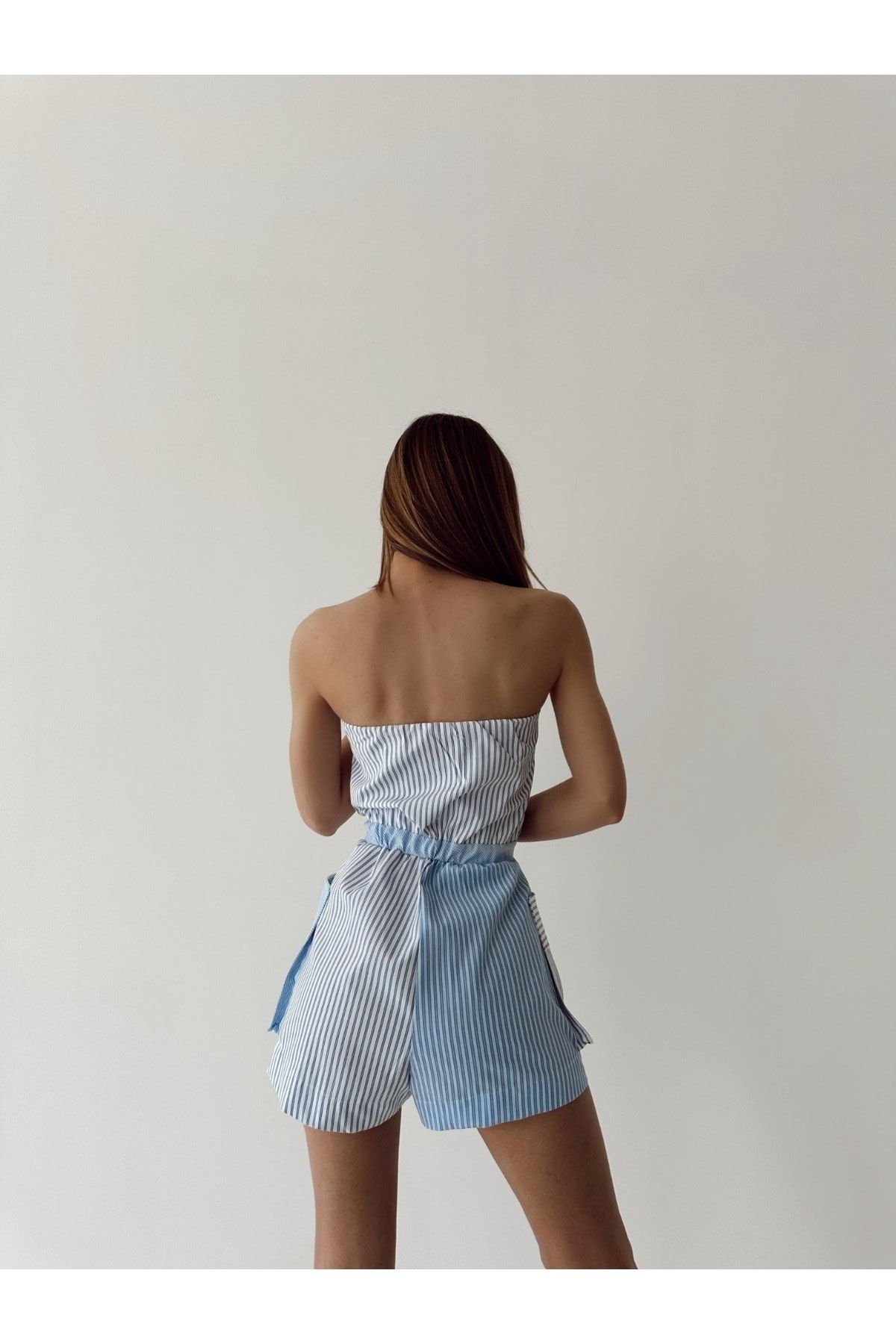 Blue and white striped jumpsuit strapless hotsell