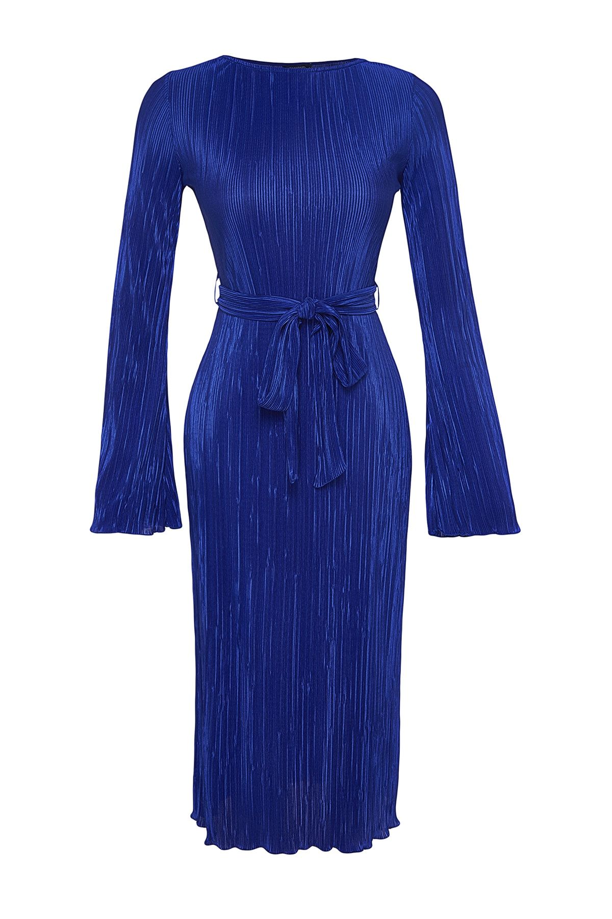 Trendyol Collection-Marineblaues Midi-Strickkleid in A-Linie mit ausgestellten Ärmeln aus Premium-Plisseestoff mit detailliertem Ausschnitt TWOAW24EL00125 7