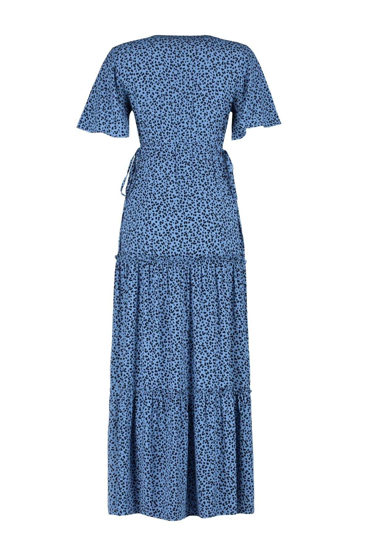 Trendyol Collection-Синя миди тъкана рокля с животински шарки с V-образно деколте и детайли за вратовръзка TWOSS23EL02443 8