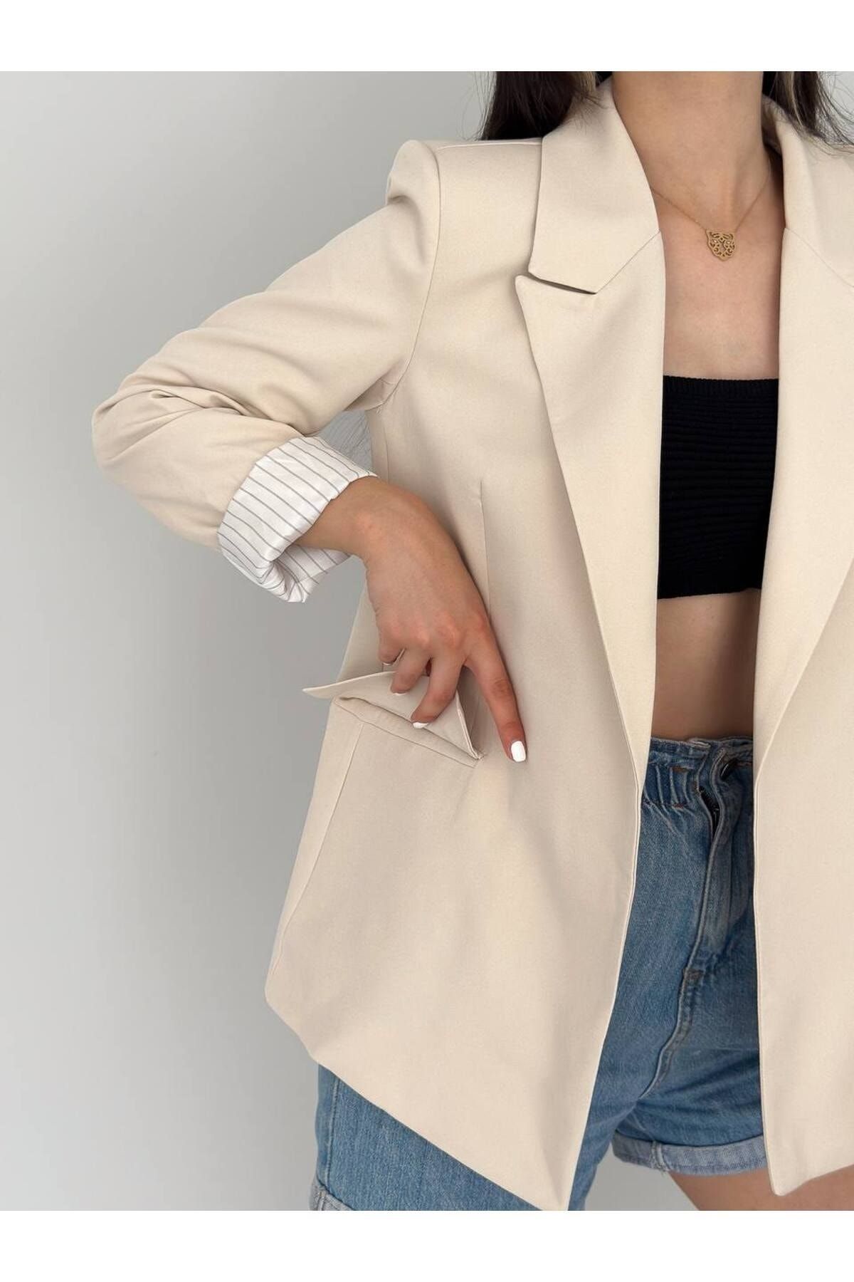han fashion-Μπουφάν μπλέιζερ με διπλό γιακά με φόδρα με αναδιπλούμενο μανίκι 3