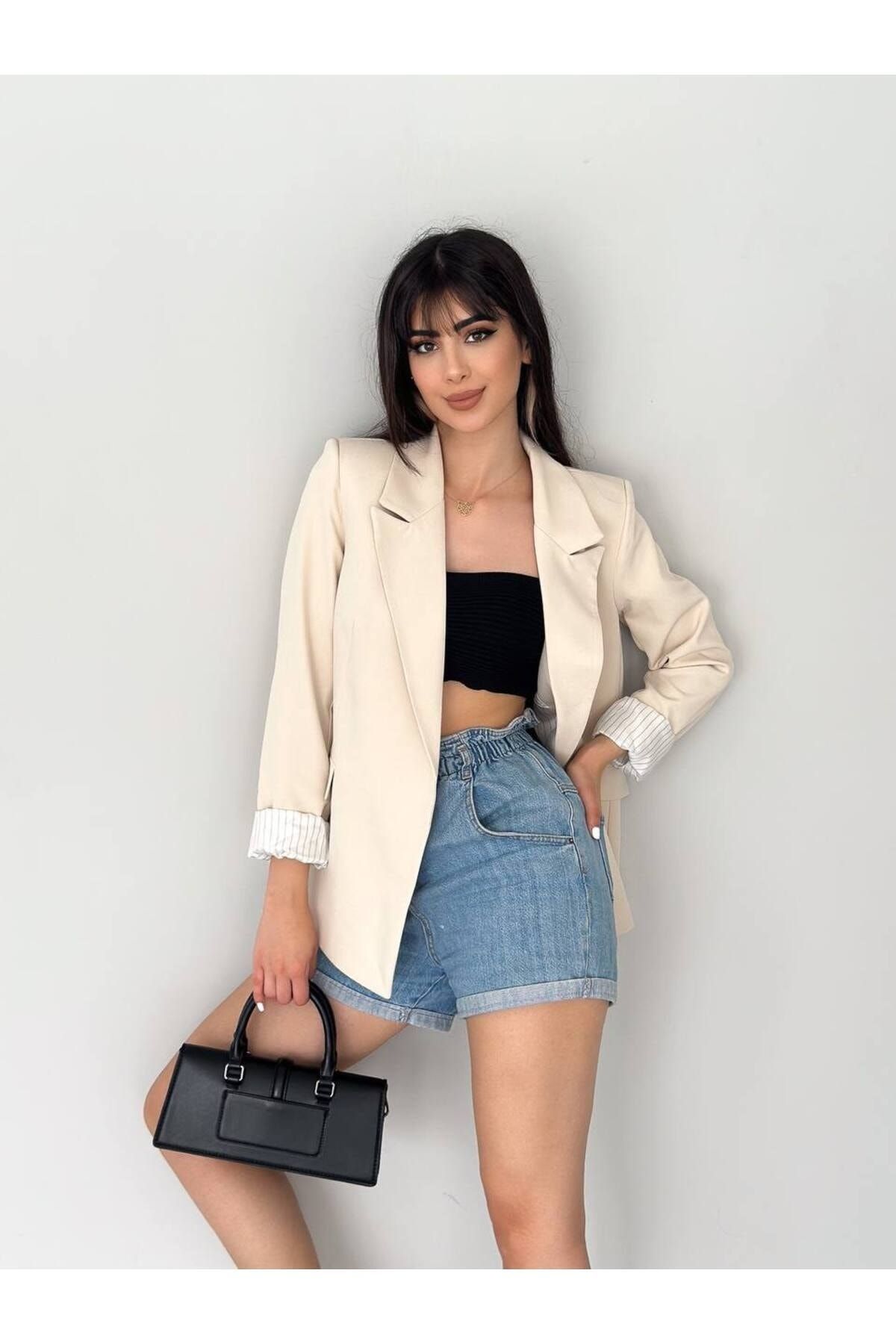 han fashion-Μπουφάν μπλέιζερ με διπλό γιακά με φόδρα με αναδιπλούμενο μανίκι 4