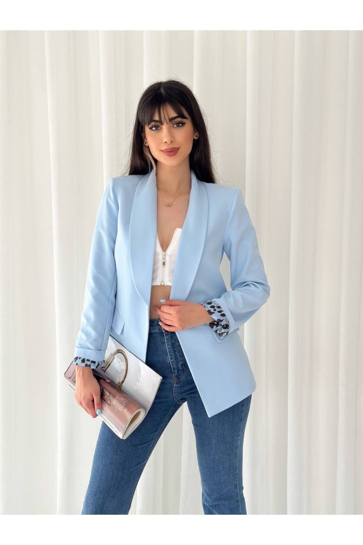Double-Breasted Collar Buttonless Pocket Pattern Lined Foldable Sleeve Blazer Jacket - Görsel 4