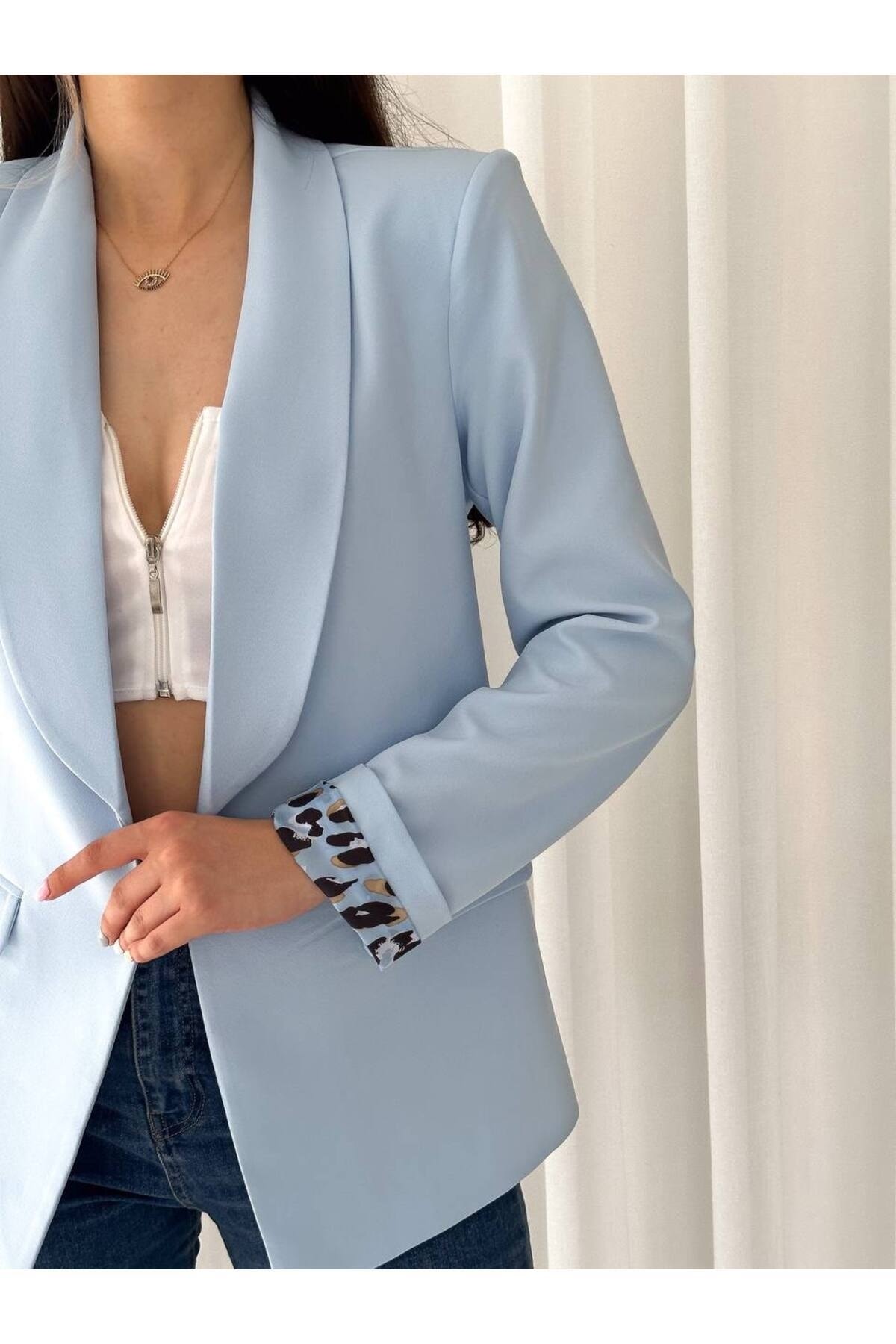 Double-Breasted Collar Buttonless Pocket Pattern Lined Foldable Sleeve Blazer Jacket - Görsel 5