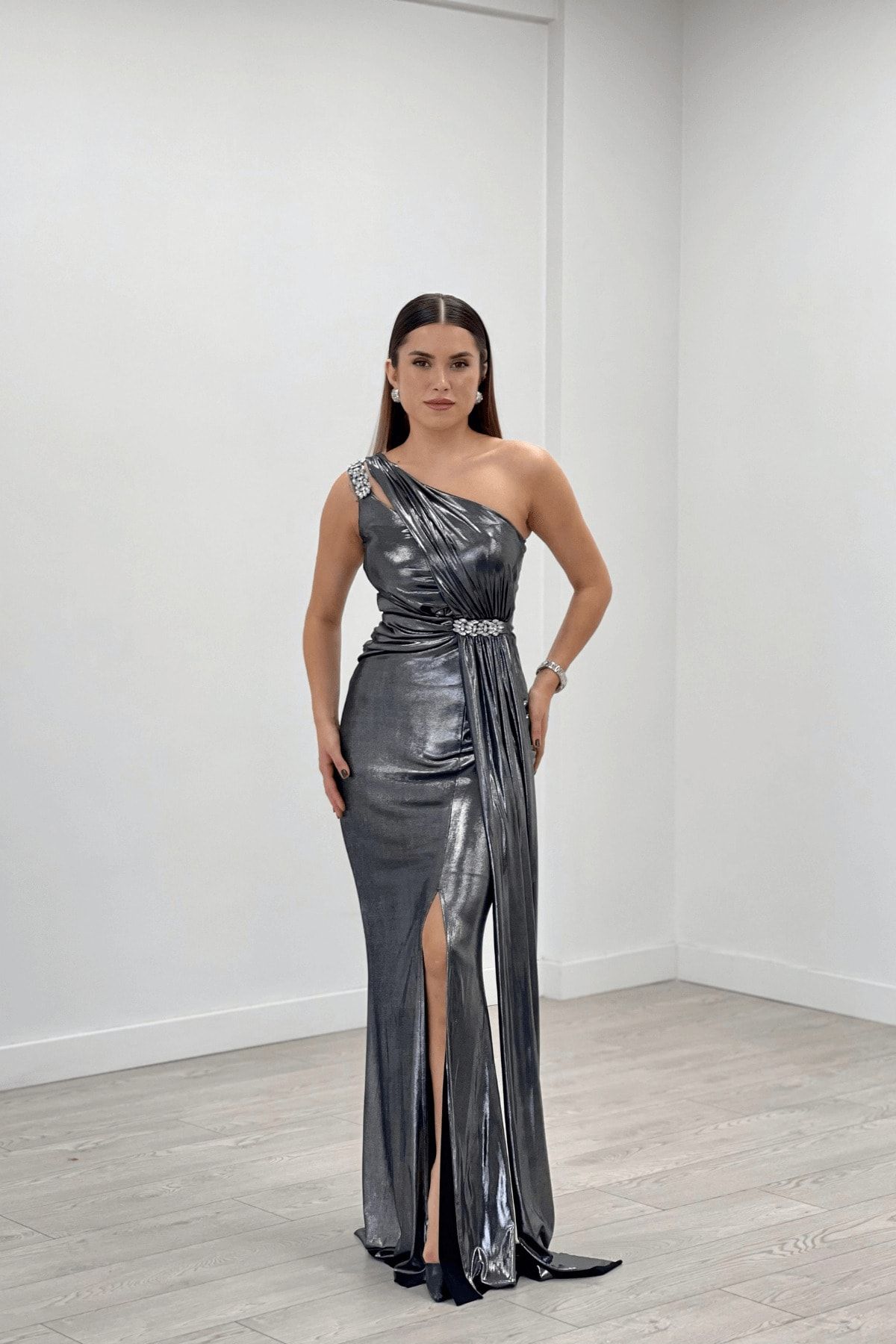 Metallic silver evening best sale gown
