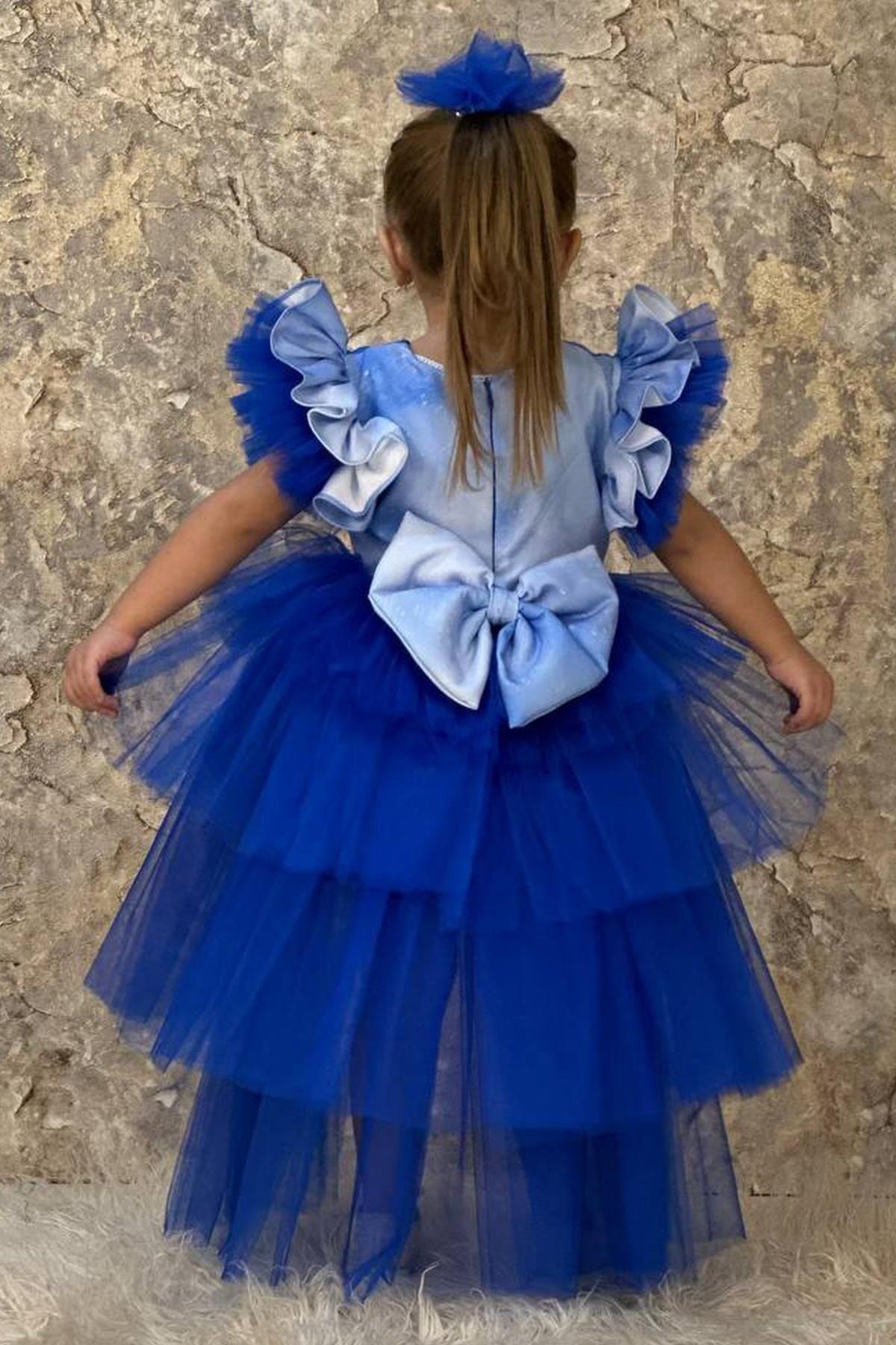 Riccotarz Girl s Elsa Printed Layered Tulle Navy Blue Dress with Bow Detail on the Back Age 3 6