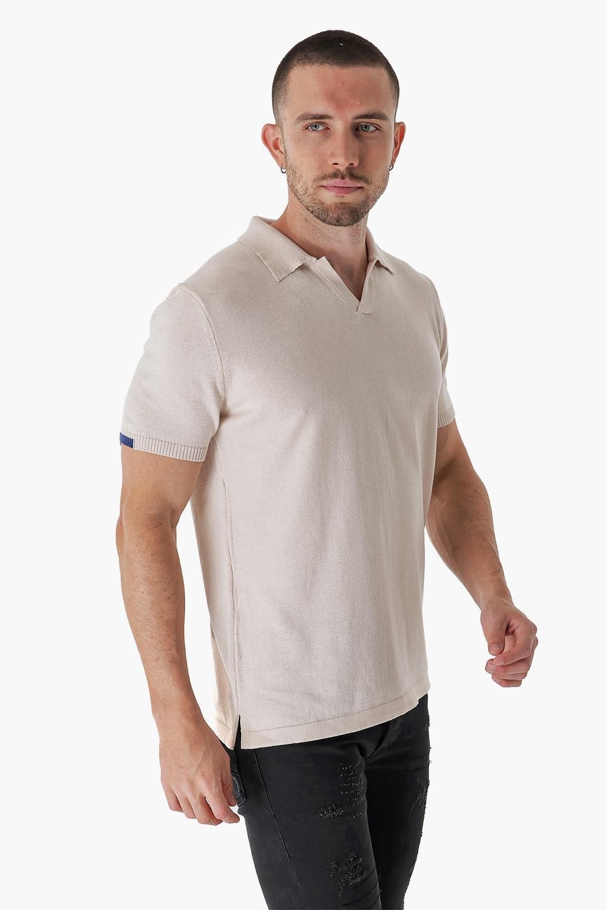 CHUBA-Men's Polo Neck Contrast Line Detailed Cotton Thin Knitwear T-shirt Beige 22sm209 4