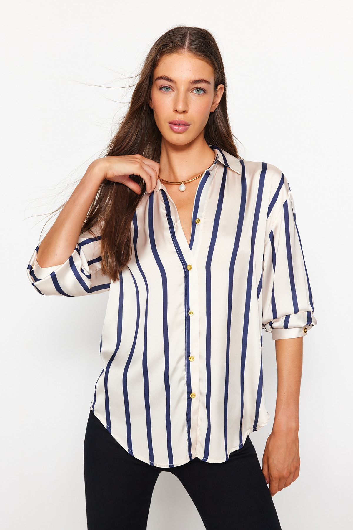 Trendyol Collection Ecru Striped Satin Woven Shirt TWOAW24GO00016