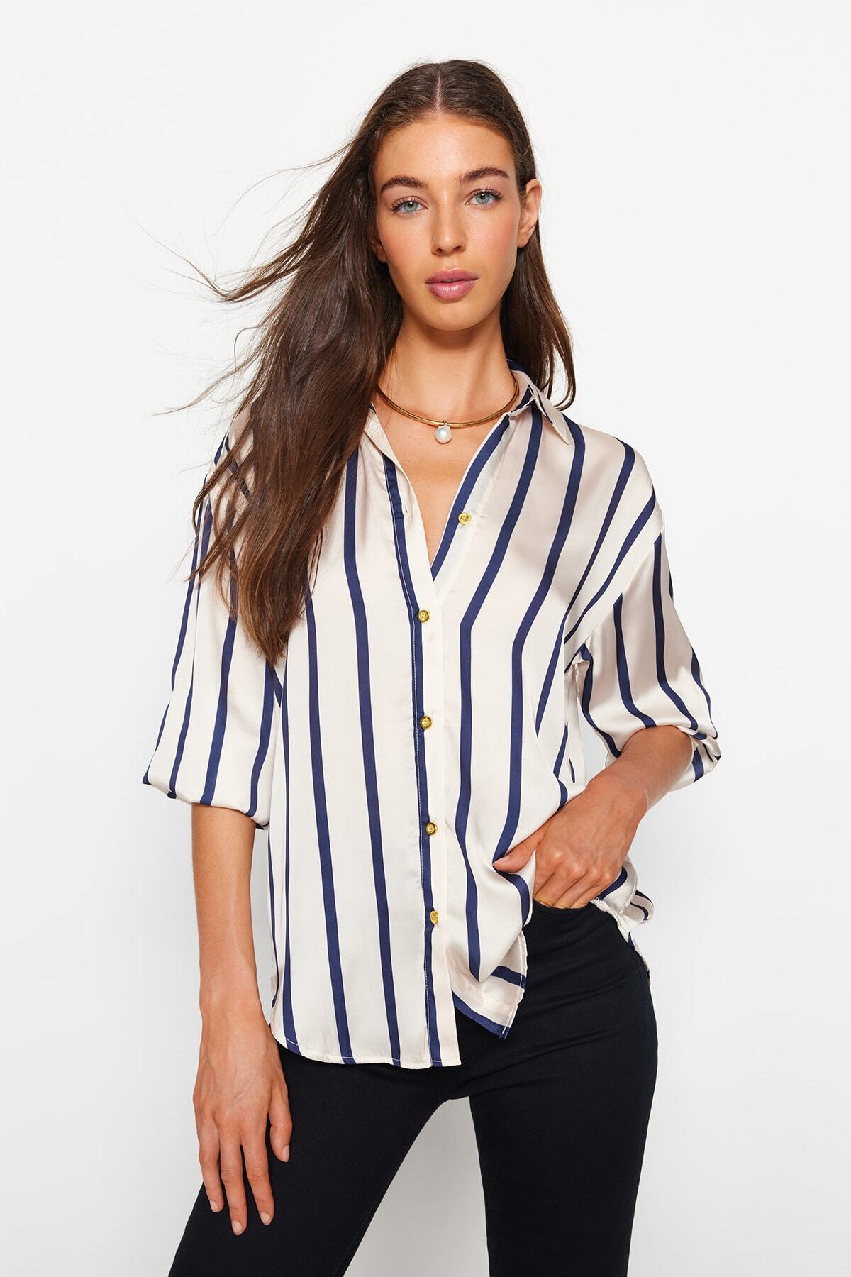 Trendyol Collection-Ecru Satin Oversize Hemd - Wide Fit, gestreift TWOAW24GO00016 3