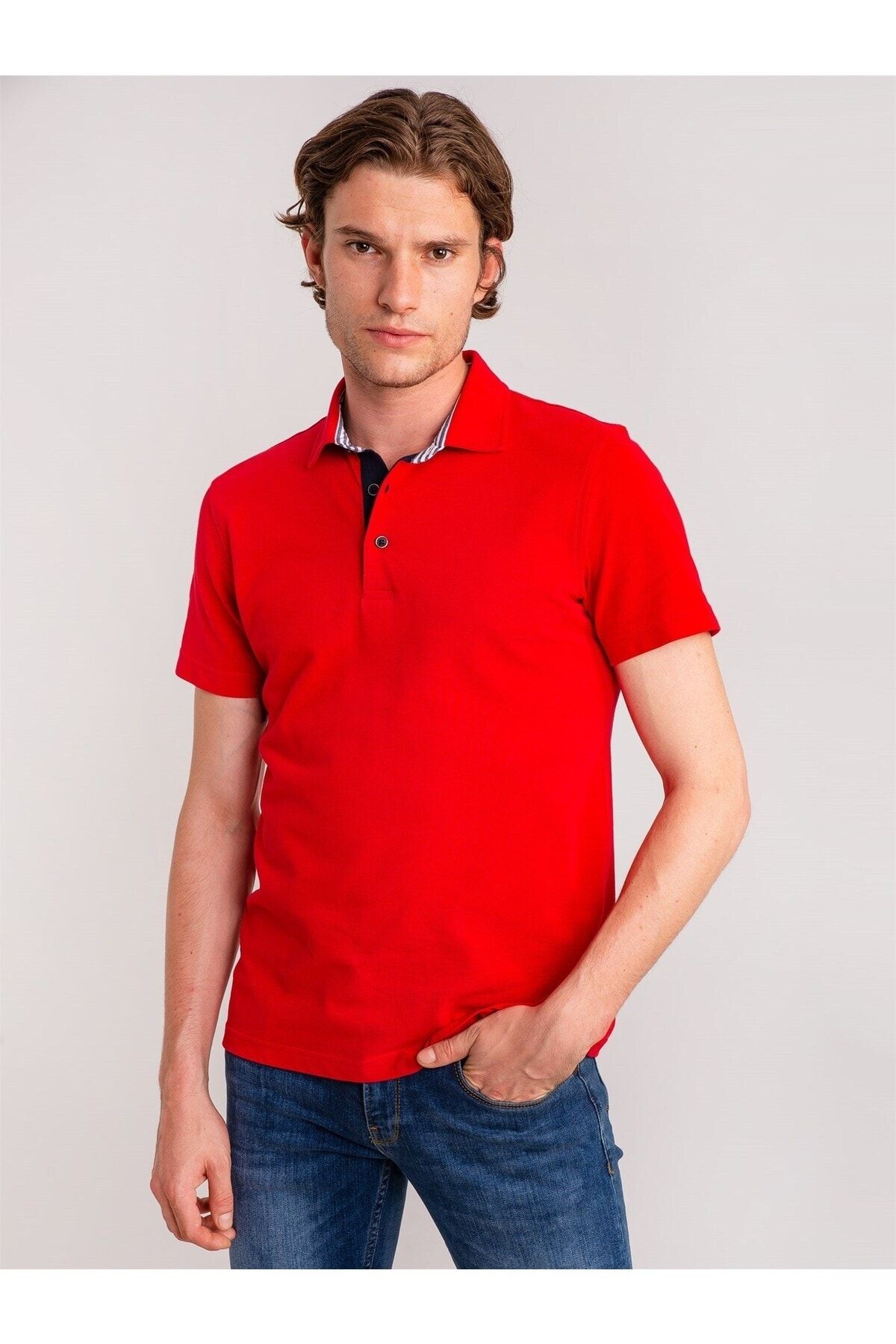 تی شرت مردانه یقه پولو یقه نخی تناسب باریک قرمز دوفی Dufy (برند ترکیه)