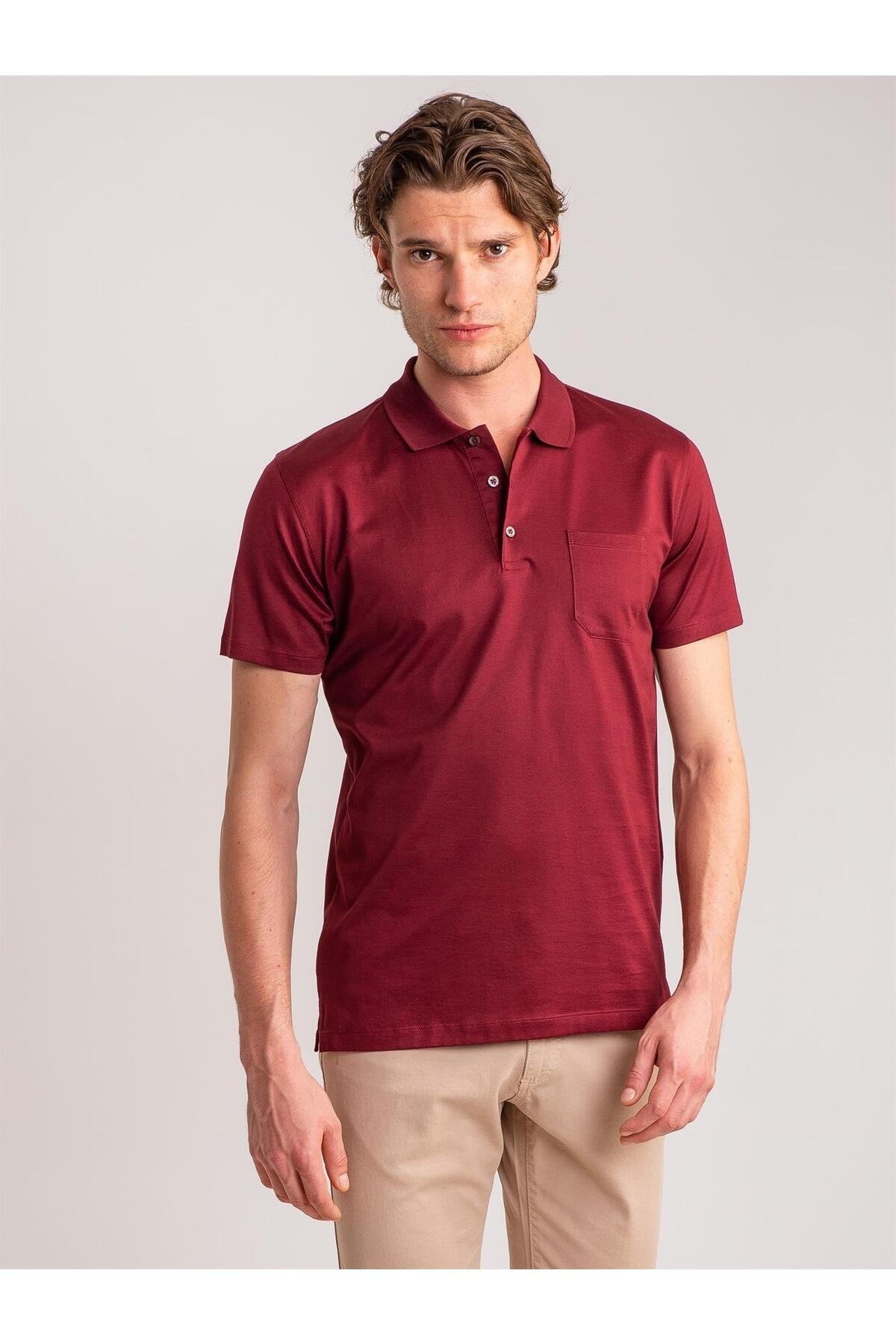 تی شرت قرمز جیب دار یقه پولو مدل اسلیم فیت آستین کوتاه مردانه دوفی Dufy (برند ترکیه)