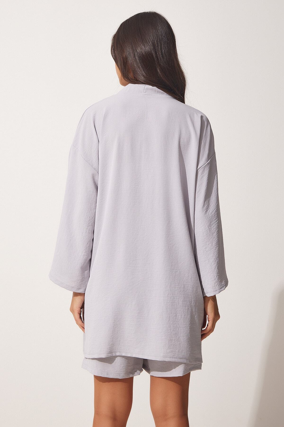Happiness İstanbul-Women's Gray Flowing Ayrobin Kimono Shorts Set DZ00053 7