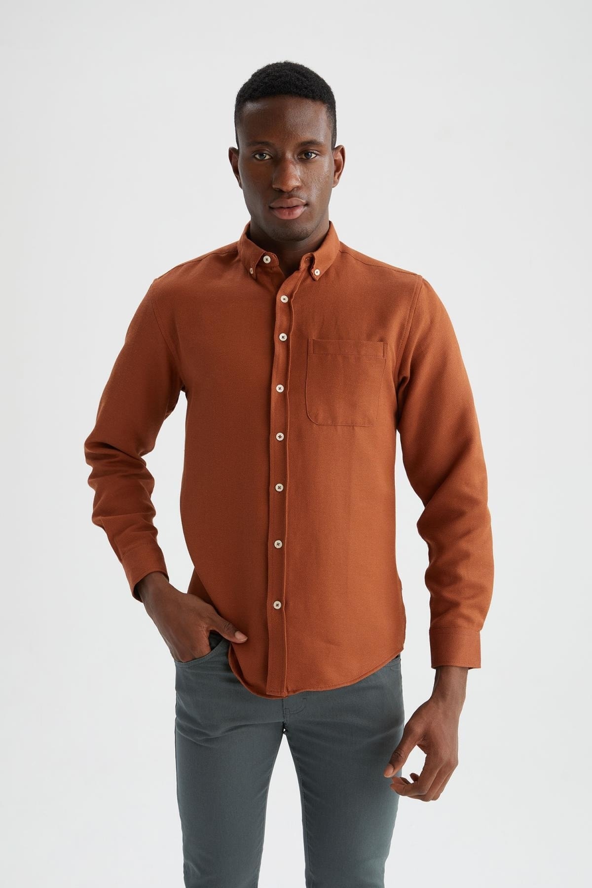 پیراهن مردانه قهوه ای دفکتو | T2066AZ22SP اورجینال - تصویر 8