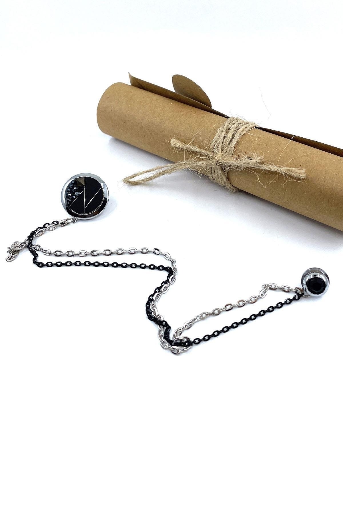  سنجاق یقه کت نقره‌ای رنگ با زنجیر سنگی مشکی Yı393