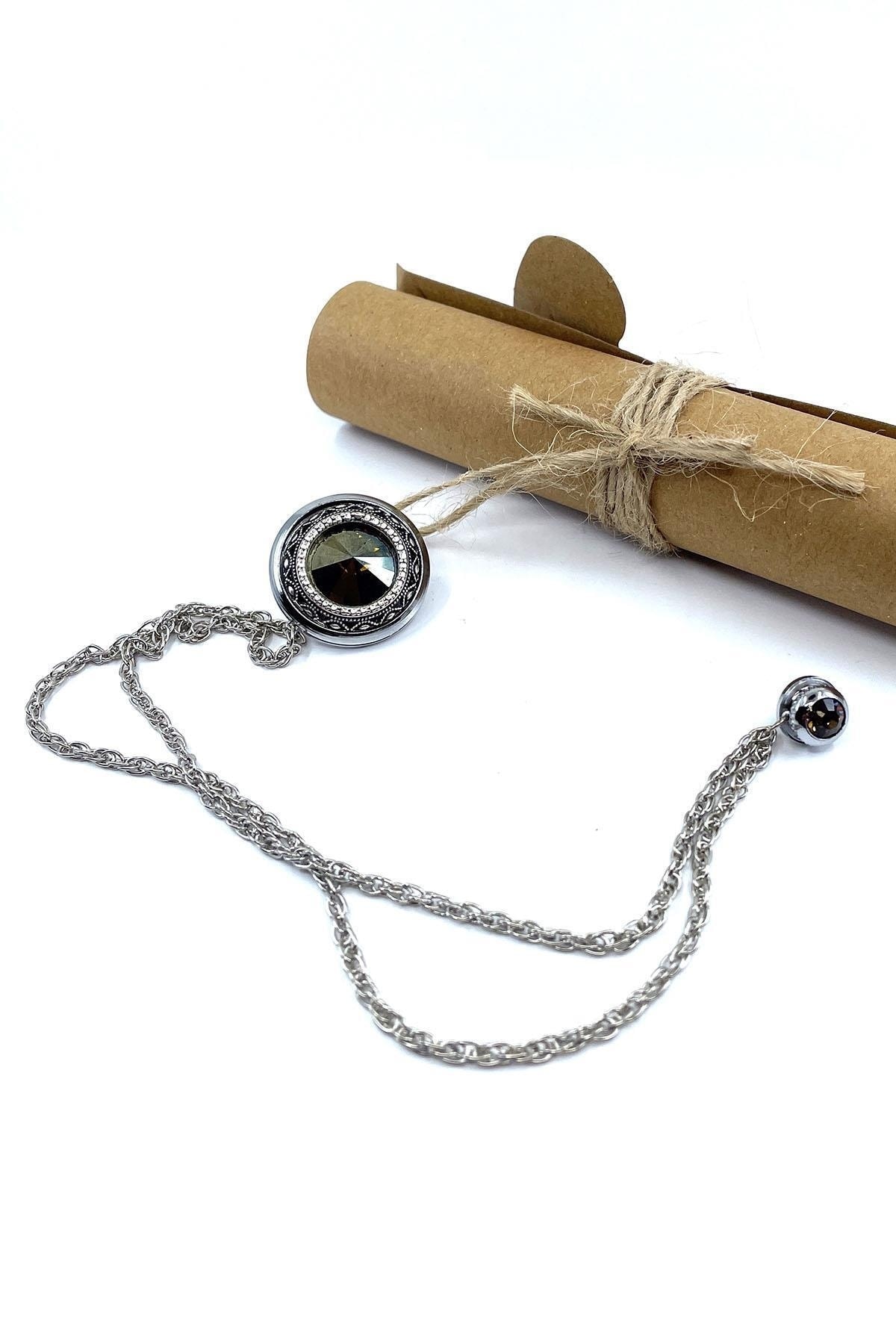  سنجاق سینه یقه کتی زنجیری سنگی بزرگ نقره‌ای رنگ YI406