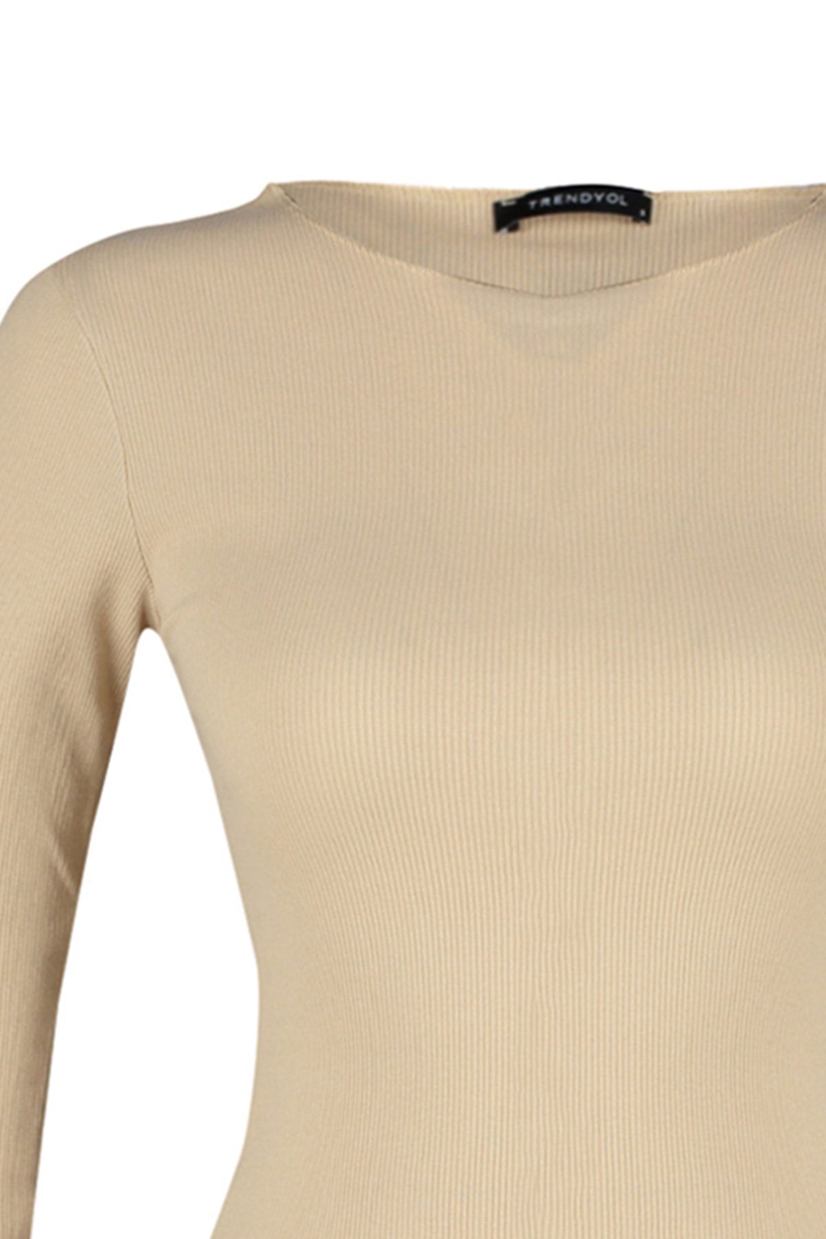 Trendyol Collection-Μπεζ με ραβδώσεις με λαιμόκοψη βαμβακερή πλεκτή μπλούζα TWOAW24BZ00066 7