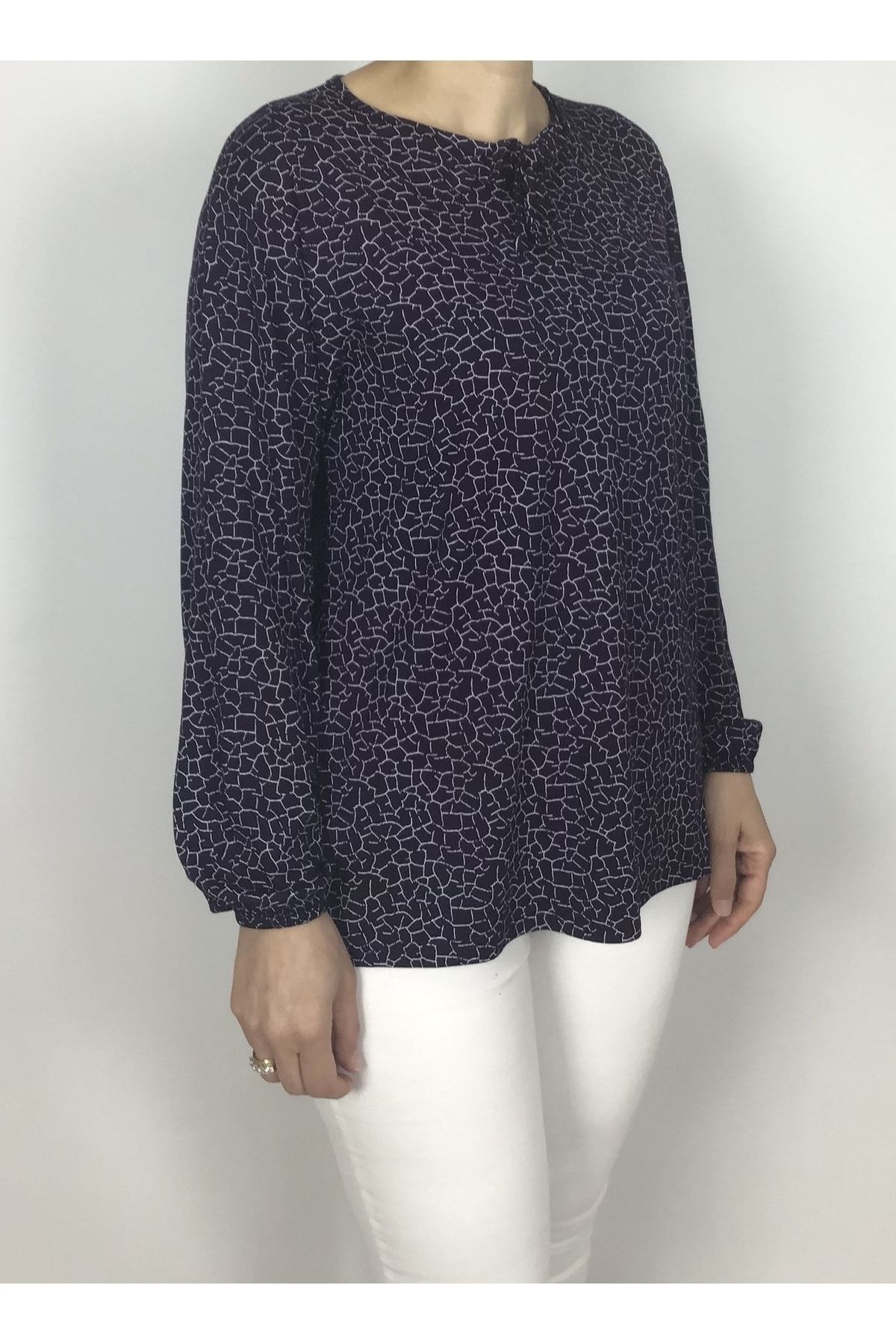 ECE GİYİM-String Collar and Rubber Sleeve Combed Cotton Blouse - Lycra and Patterned 2
