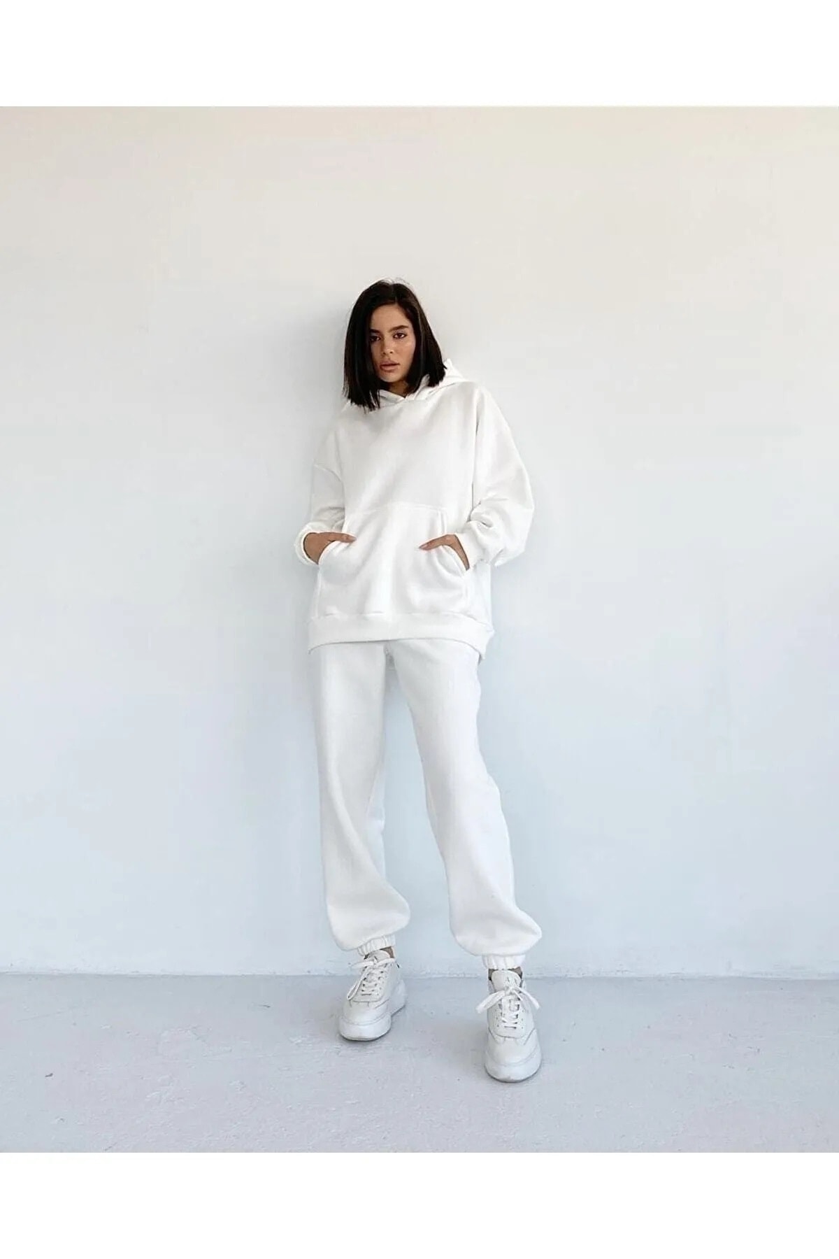 Plus Size Women's Unprinted 3 Thread Hooded Two Piece Tracksuit