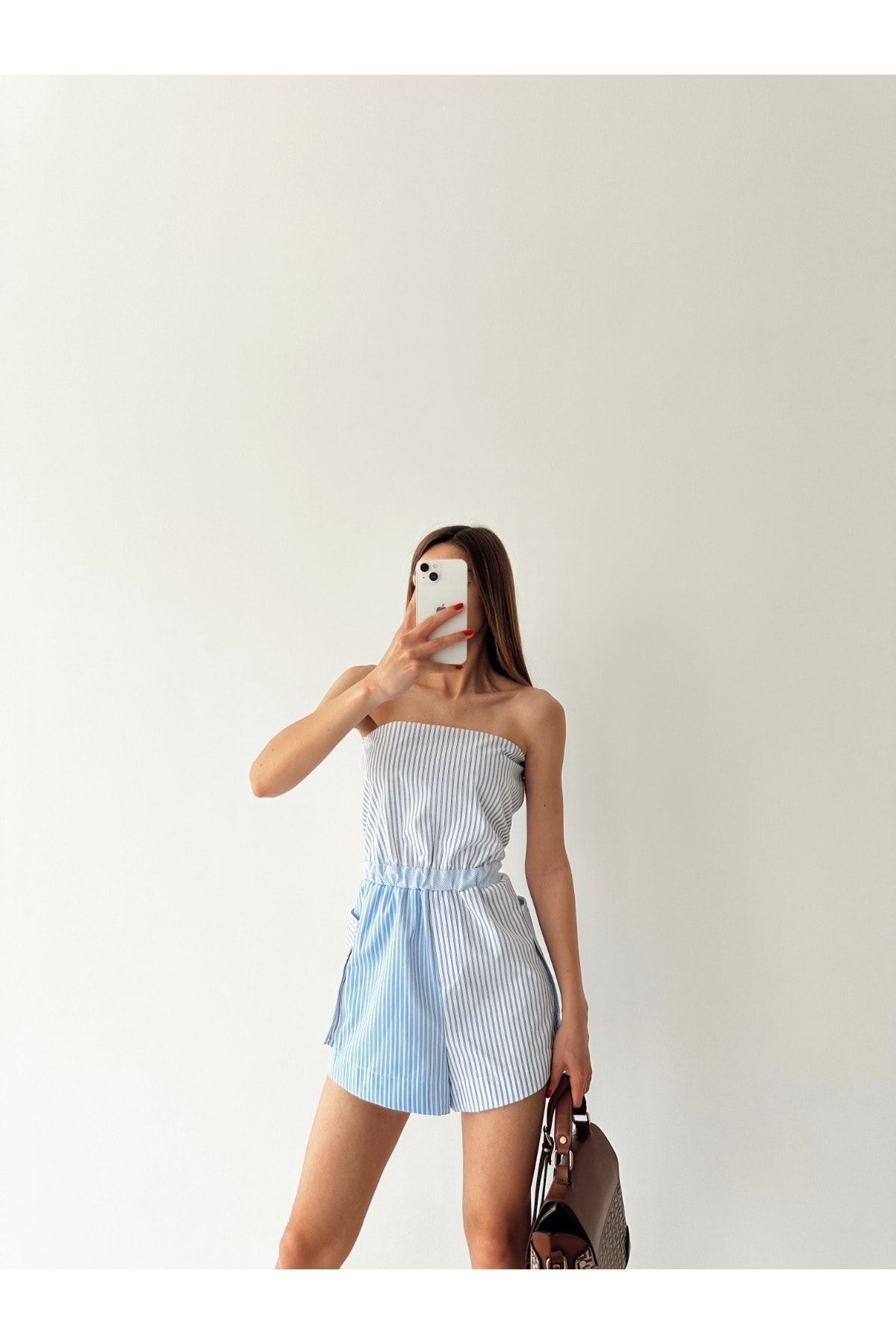 Blue and white striped jumpsuit strapless discount