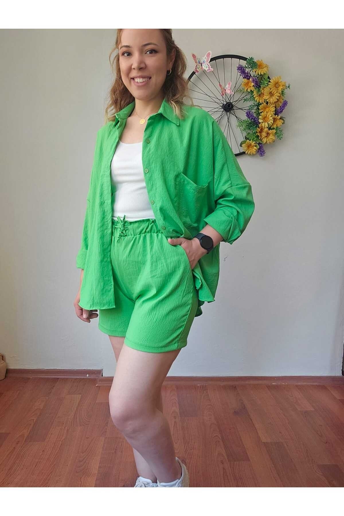 Women's Linen Fabric Oversize Green Shirt Shorts Set