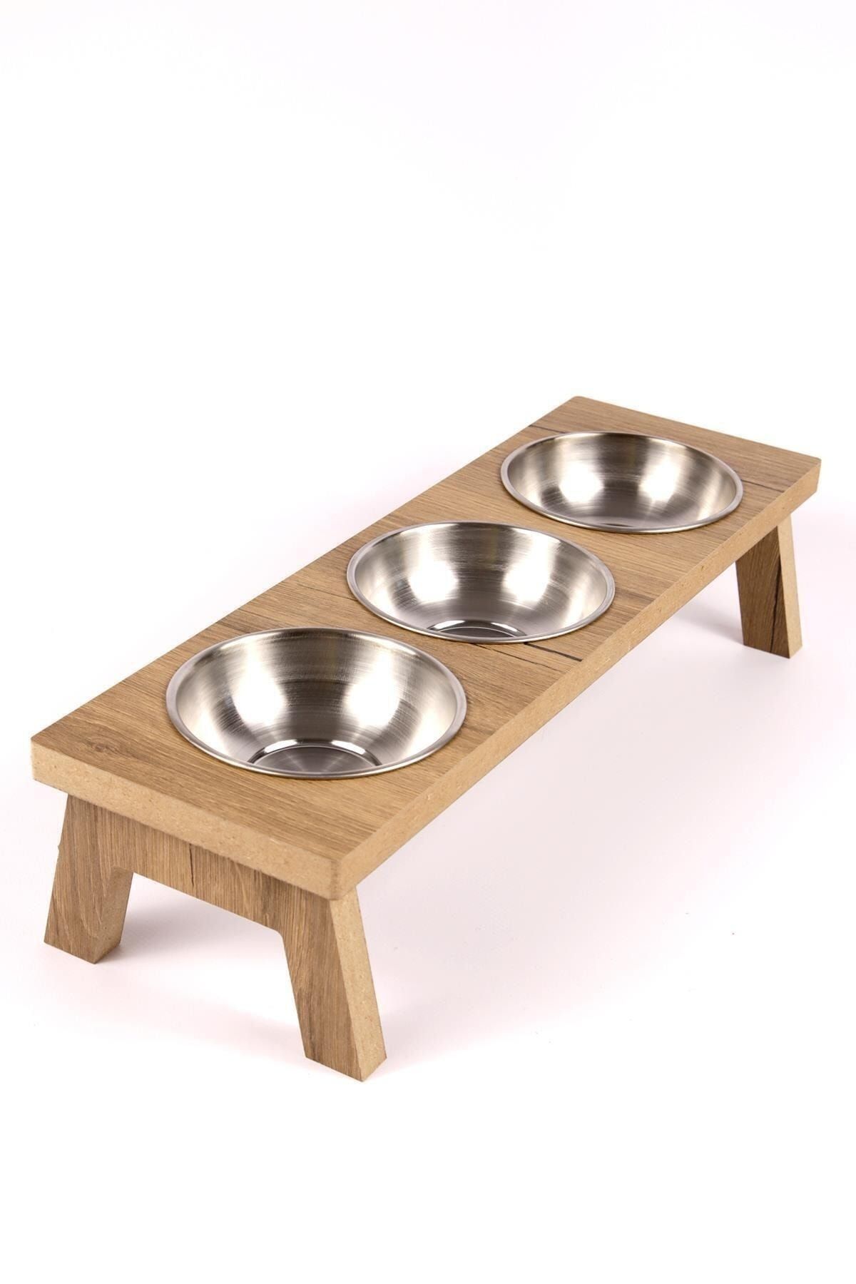 MH MiniHediye Triple Wooden Cat Dog Food Water Bowl Stand 3 Piece