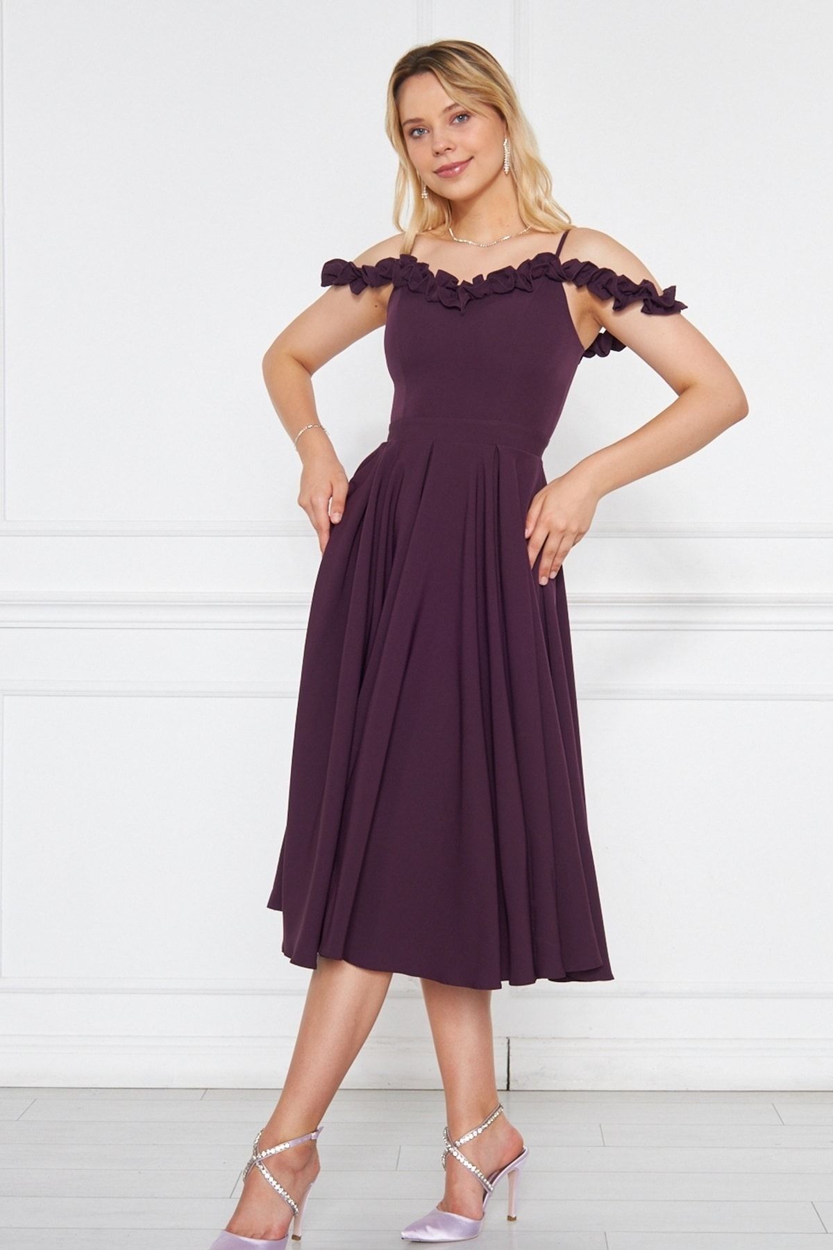 bayansepeti Plum Atlas Fabric Adjustable Strap Ruffle Detailed