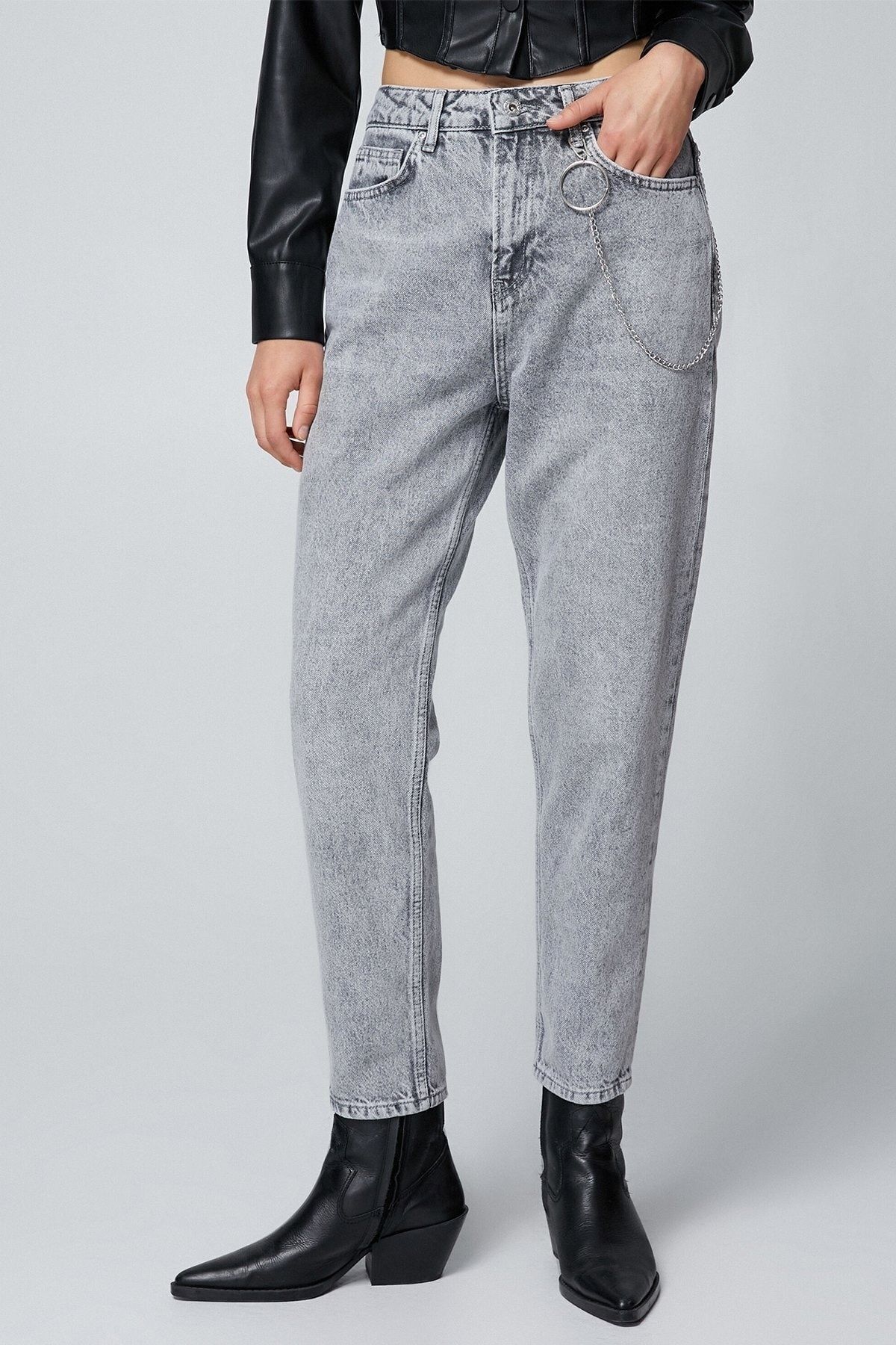 Kadın Yüksek Bel Kot Pantolon Hafif Dar Paça - Mom Jeans 4WAL40063MD