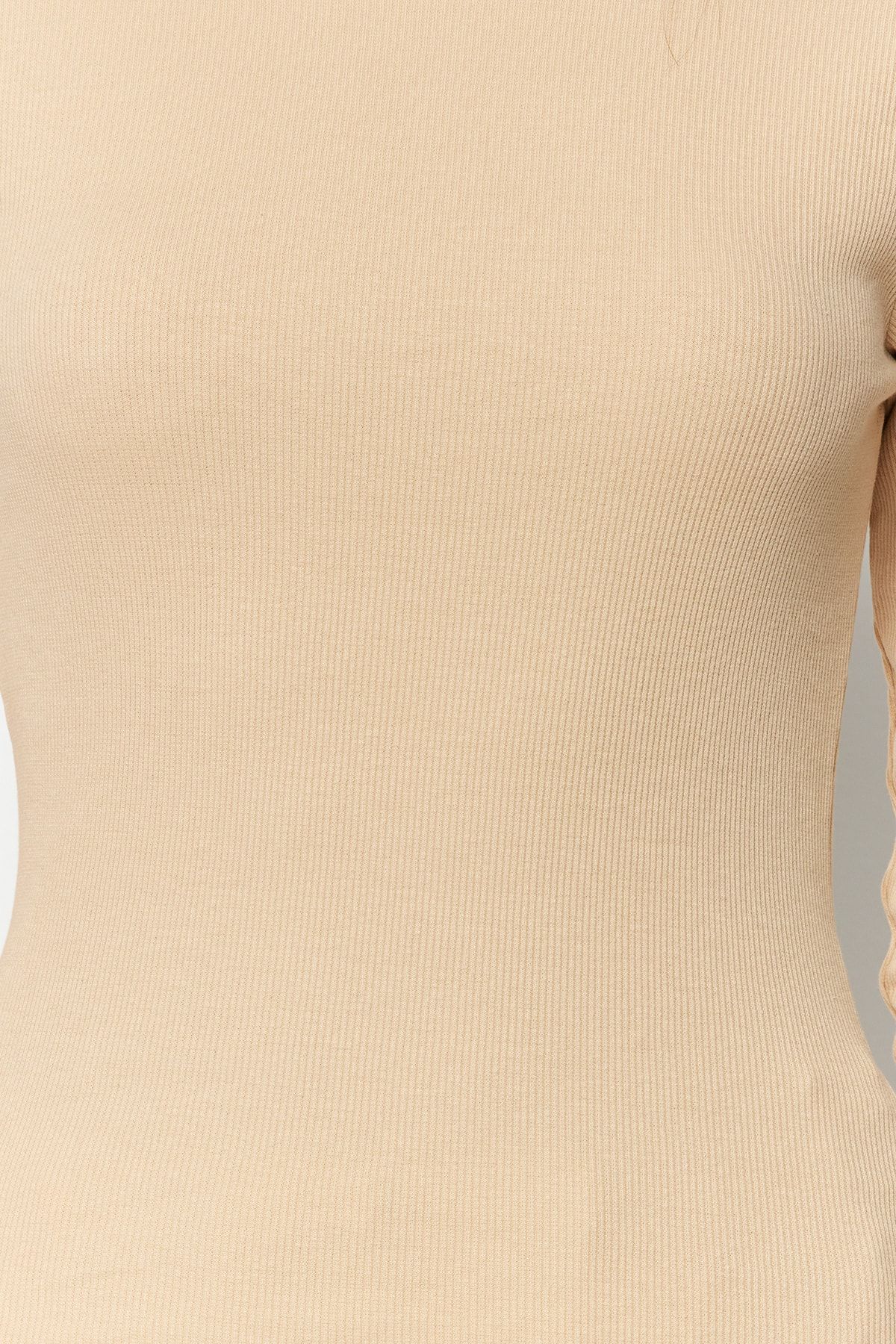 Trendyol Collection-Μπεζ με ραβδώσεις με λαιμόκοψη βαμβακερή πλεκτή μπλούζα TWOAW24BZ00066 3
