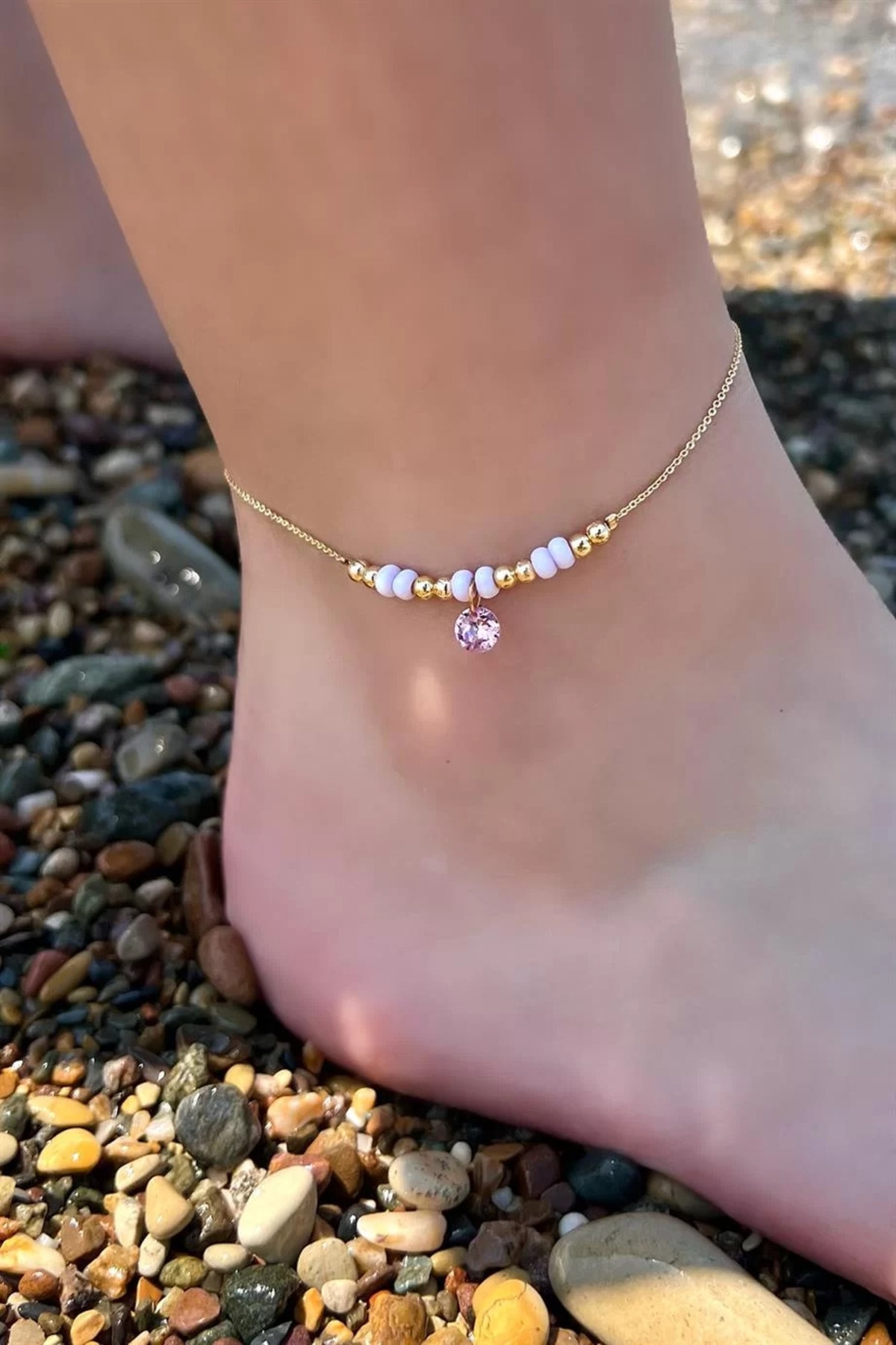 Bellinzona Altın Renk Pembe Boncuk Detaylı Halhal