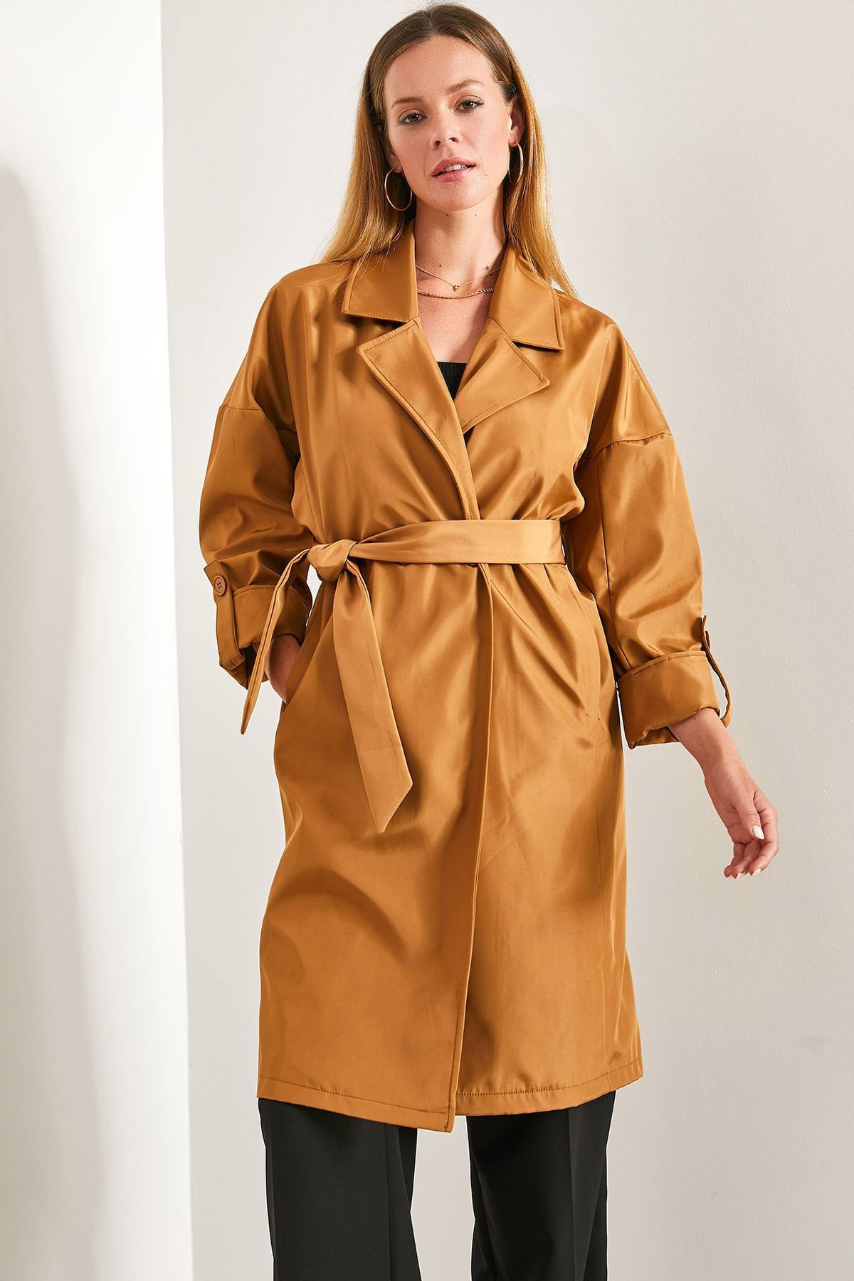 Bianco Lucci Women s Sleeve Folded Belted Trench Coat Trendyol