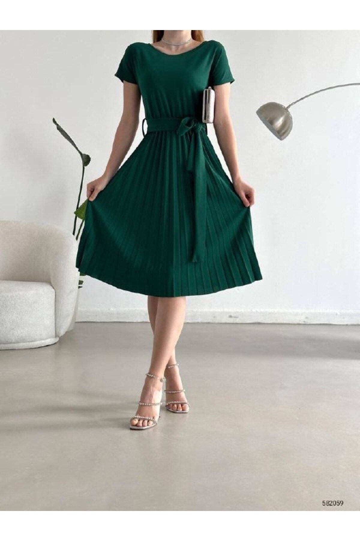 Green dress top pleated skirt