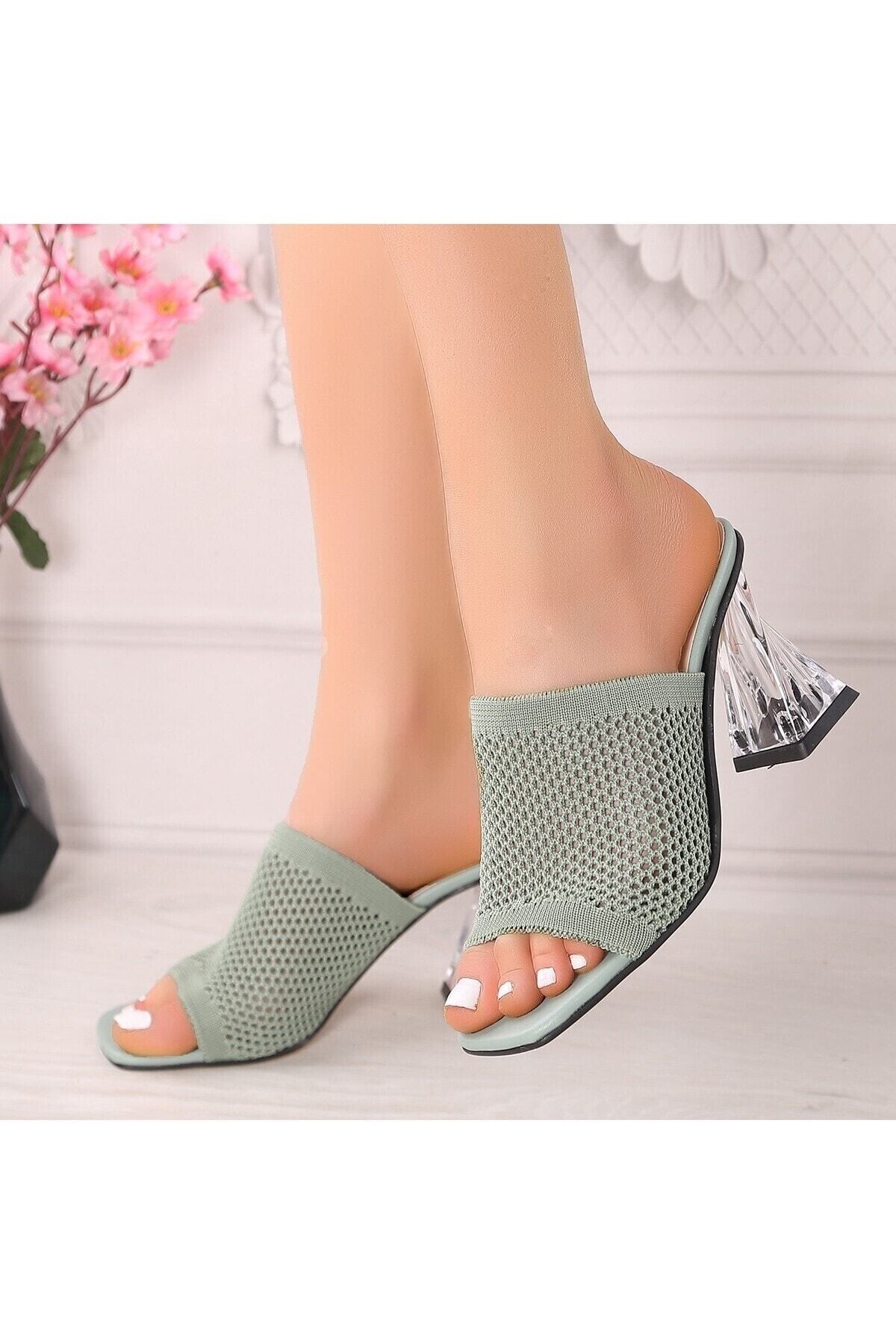 Akva Mint Yeşili Triko Şeffaf Topuklu Terlik