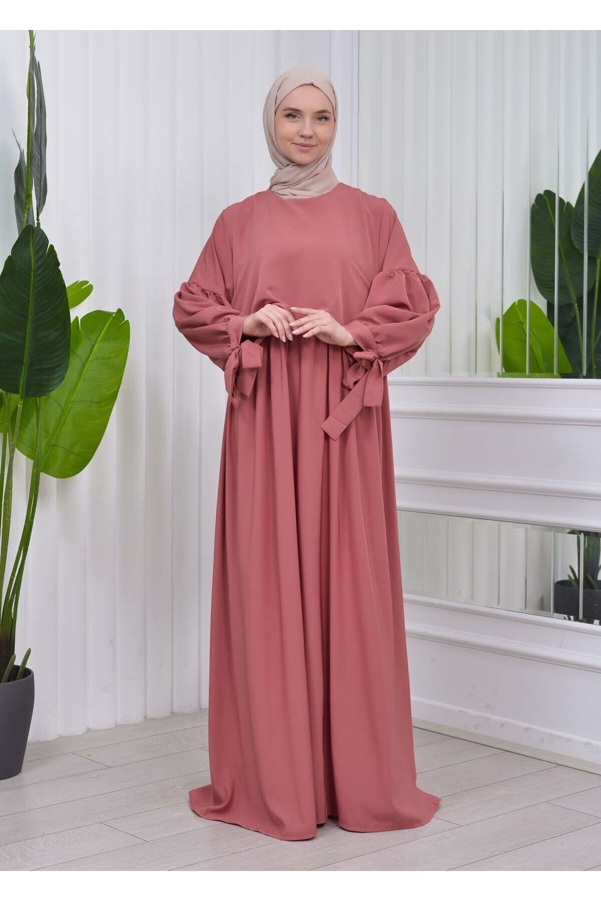 Modamix Sleeved lace up Plain Hijab Dress 831 Trendyol