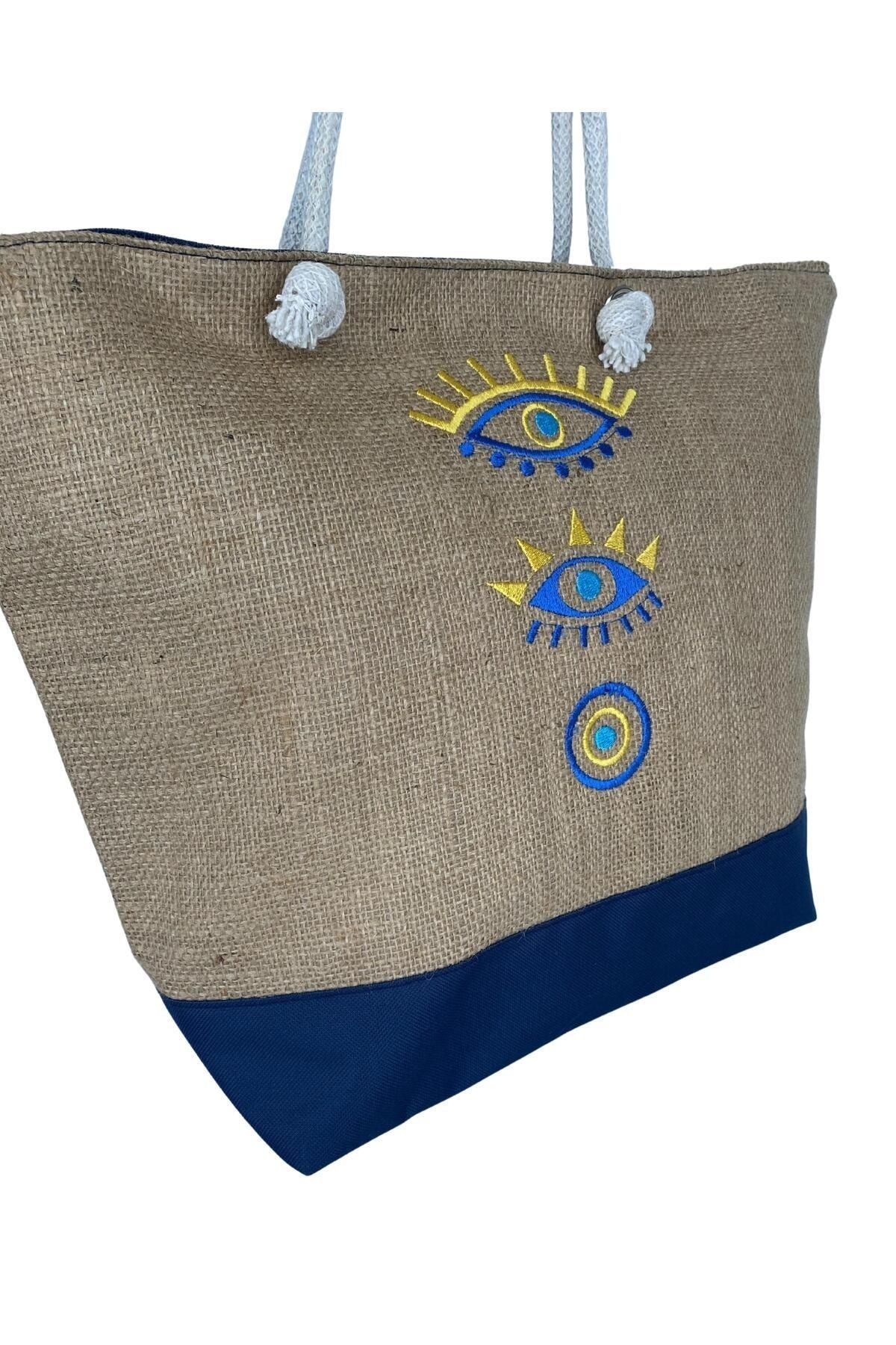 MUCCE Women s Navy Blue Straw Evil Eye Patterned Beach Bag