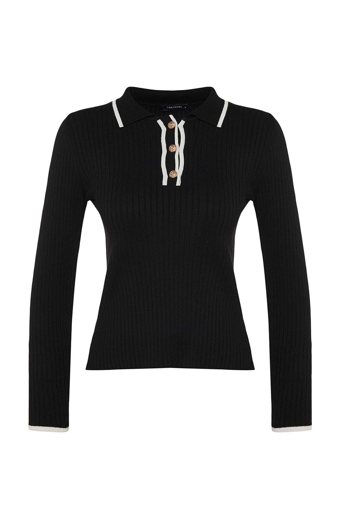 Trendyol Collection-Černý mercerizovaný vzhled Premium/Special Yarn Polo límec Pletený svetr TWOAW24KZ00808 6