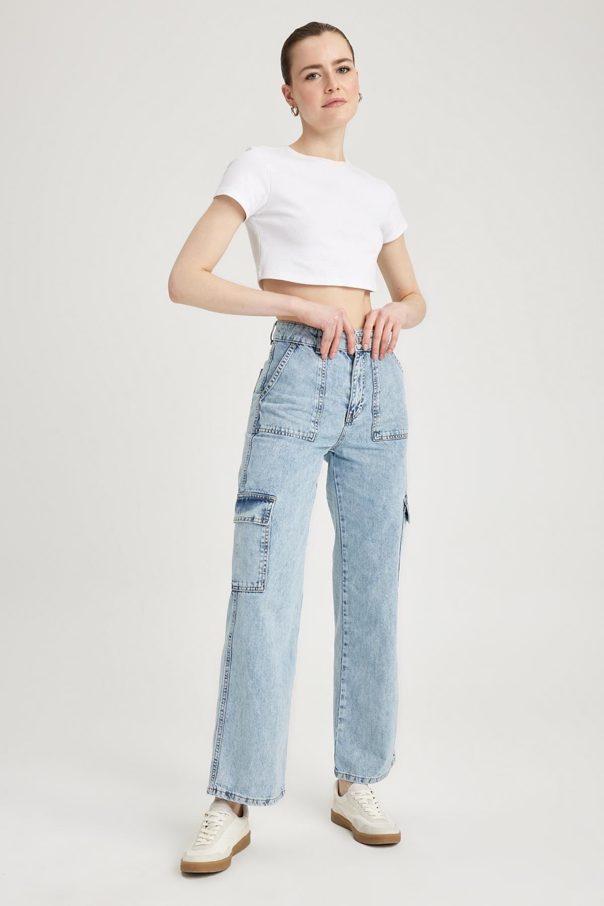 DeFacto-Kalhoty 90's Wide Leg Cargo Pocket Jean 100% bavlna kalhoty 3