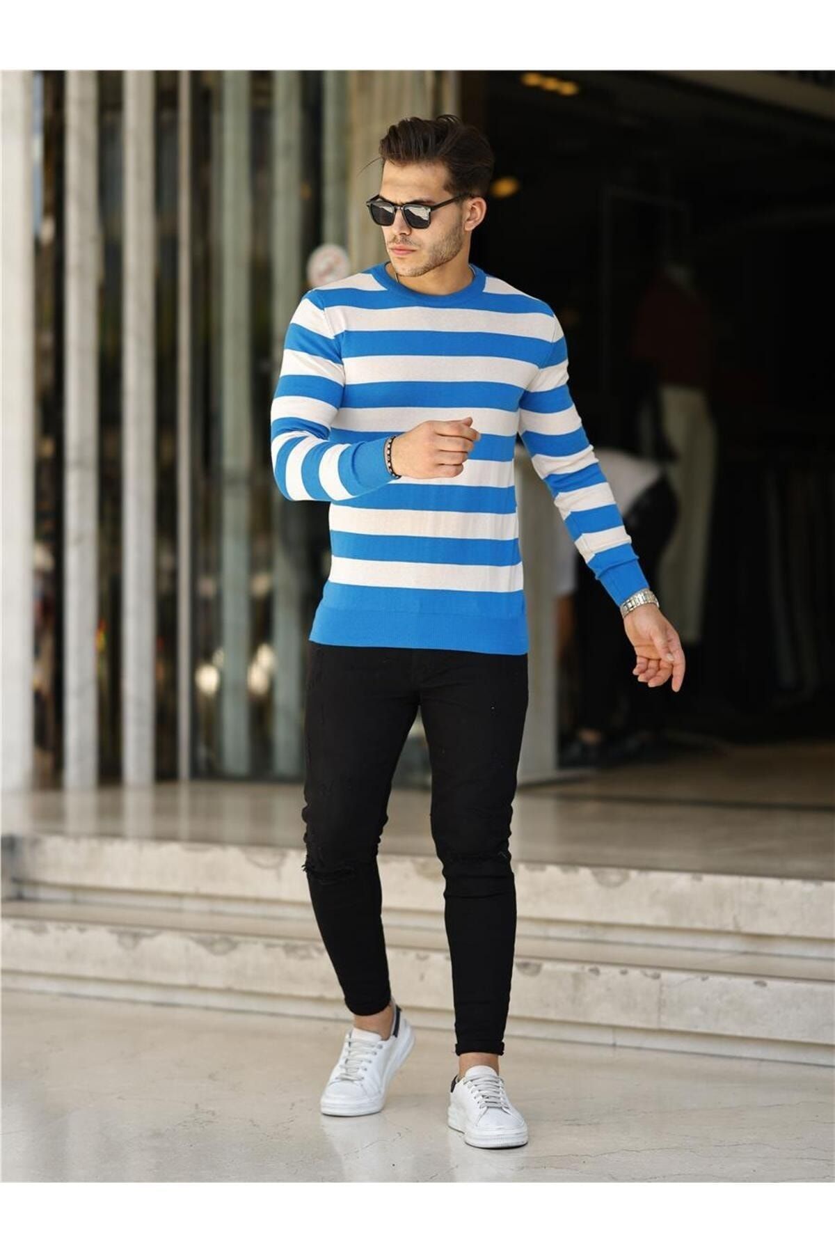 Tarz Cool White Blue Men s Slim Fit Crew Neck Striped Knitwear