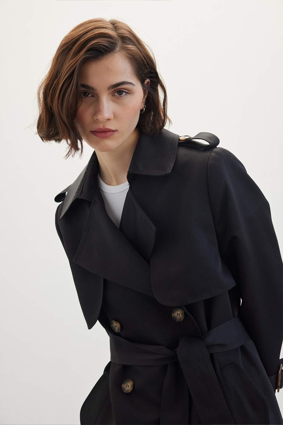 Manuka Double Breasted Classic Trench Coat Black Trendyol