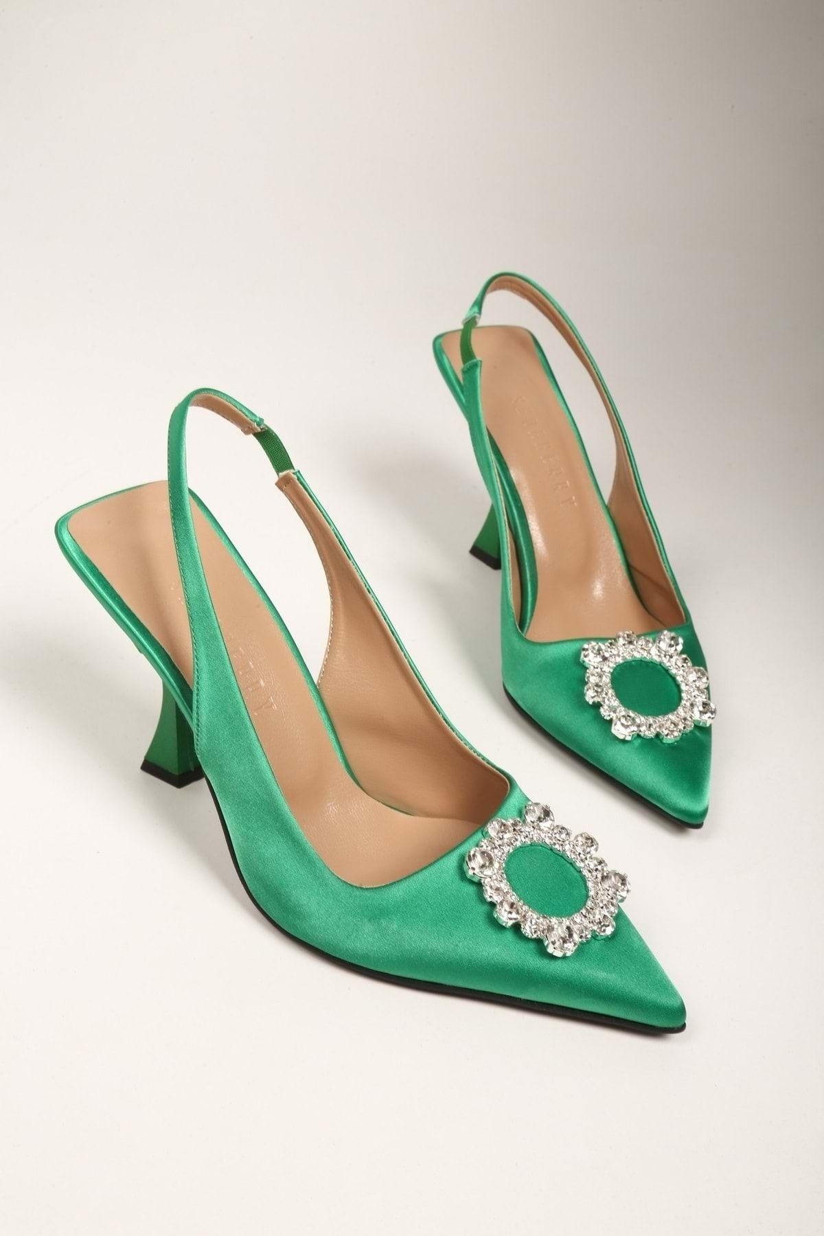 Shoeberry-حذاء صوفيا أخضر ساتان بكعب حجري نسائي 5