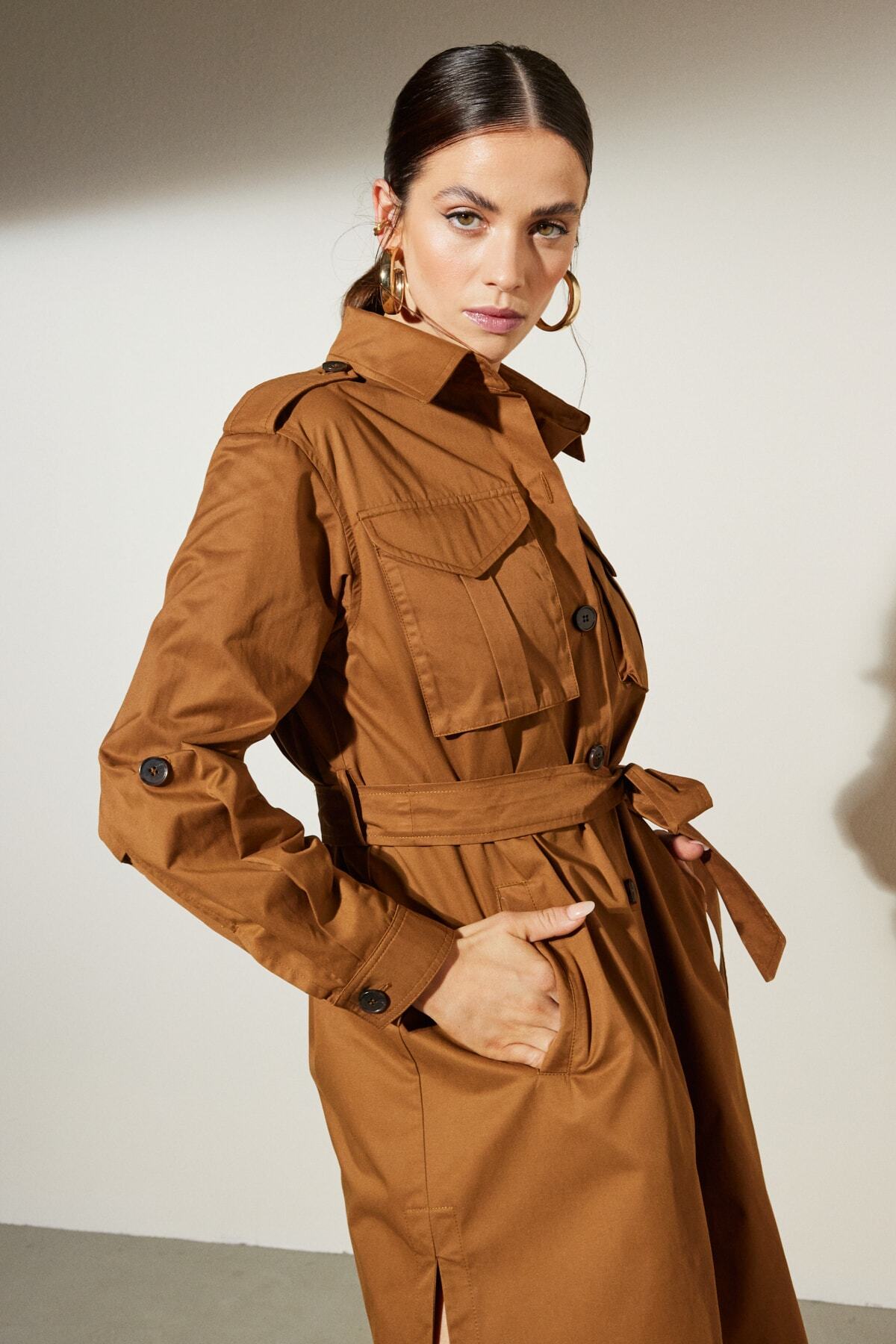 BROOKS BROTHERS Kadın Tarçın Regular Fit Gömlek Yaka Cepli Trençkot