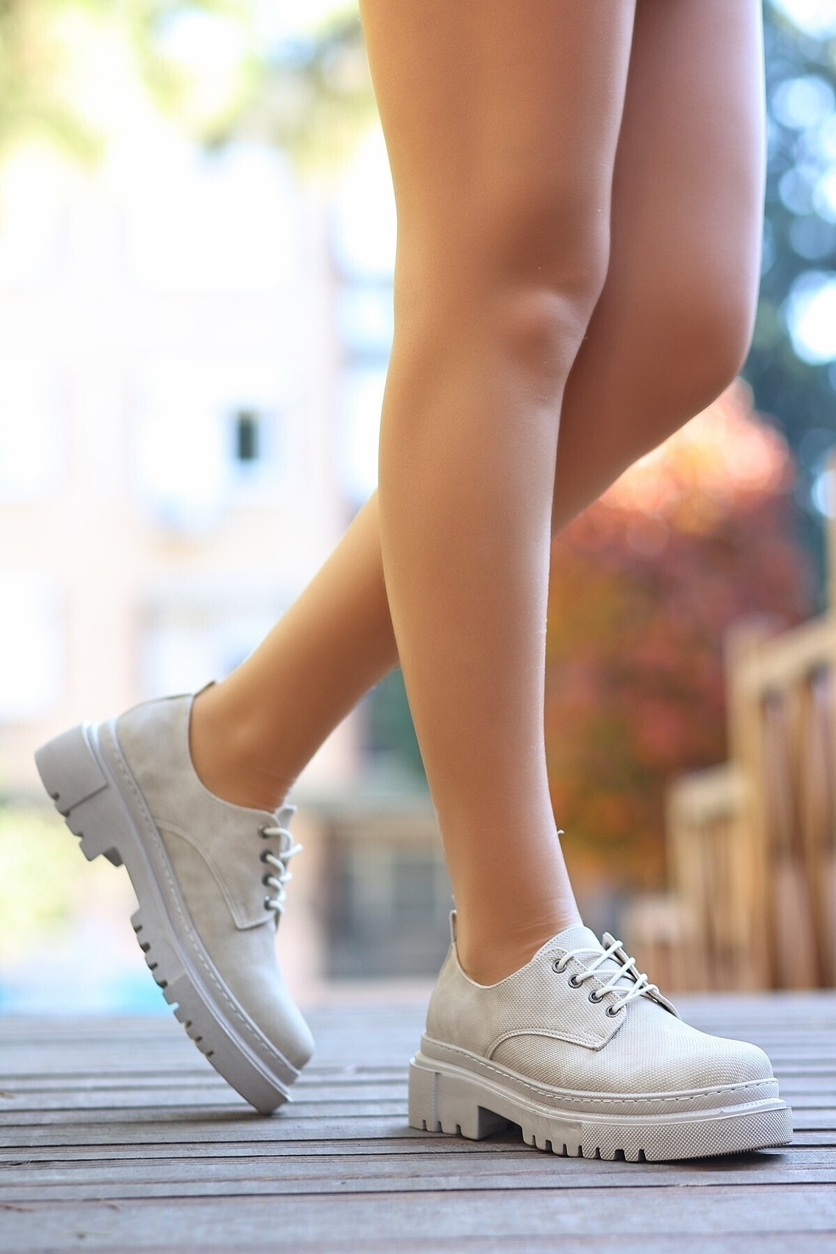 Teri Bej Cilt Desenli Bağcıklı Ayakkabı