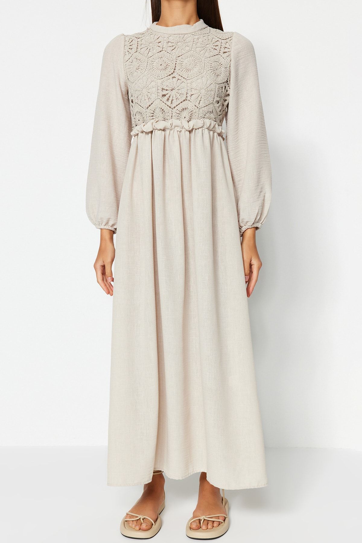 Trendyol Modest-Stone Guipure/Fisto Detail Woven Dress Tctaw24Eb00110 5
