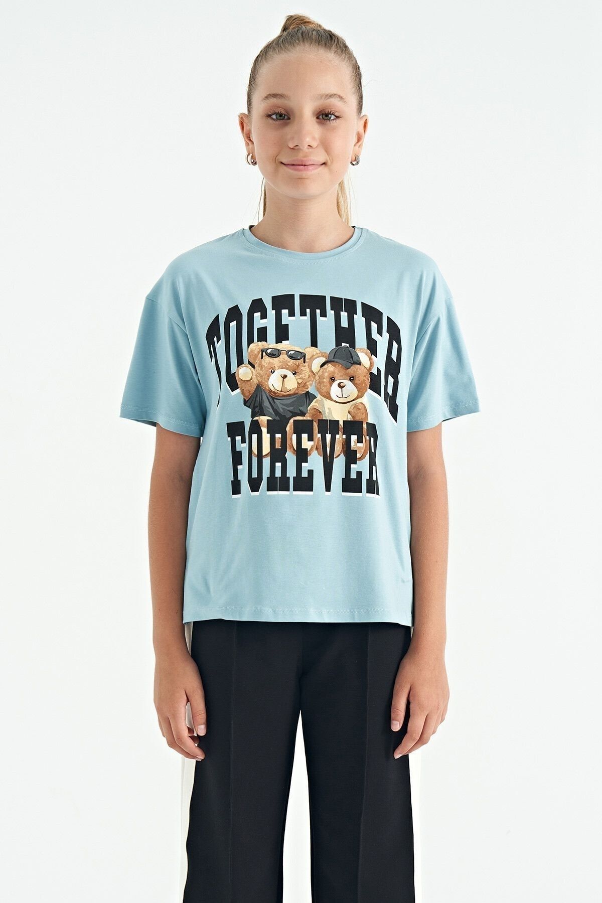 Tommy Life Light Blue Teddy Bear Printed O Neck Oversize Short