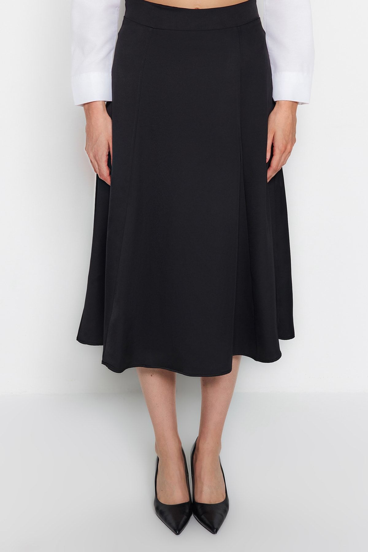 Trendyol Collection-Czarna satynowa tkana spódnica midi w kształcie litery A TWOAW24ET00167 4